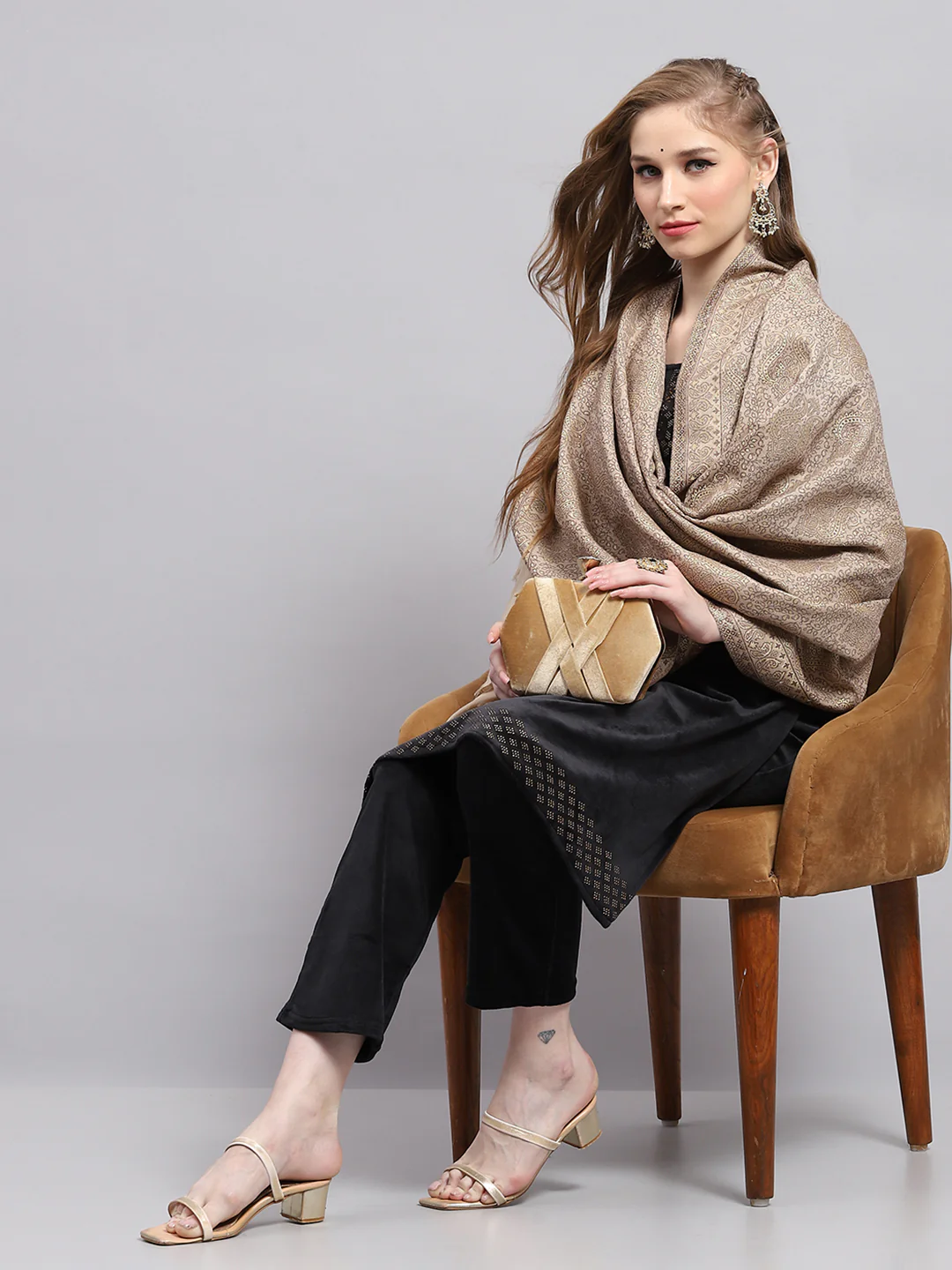 Women Beige Self Design Shawl - Image 5