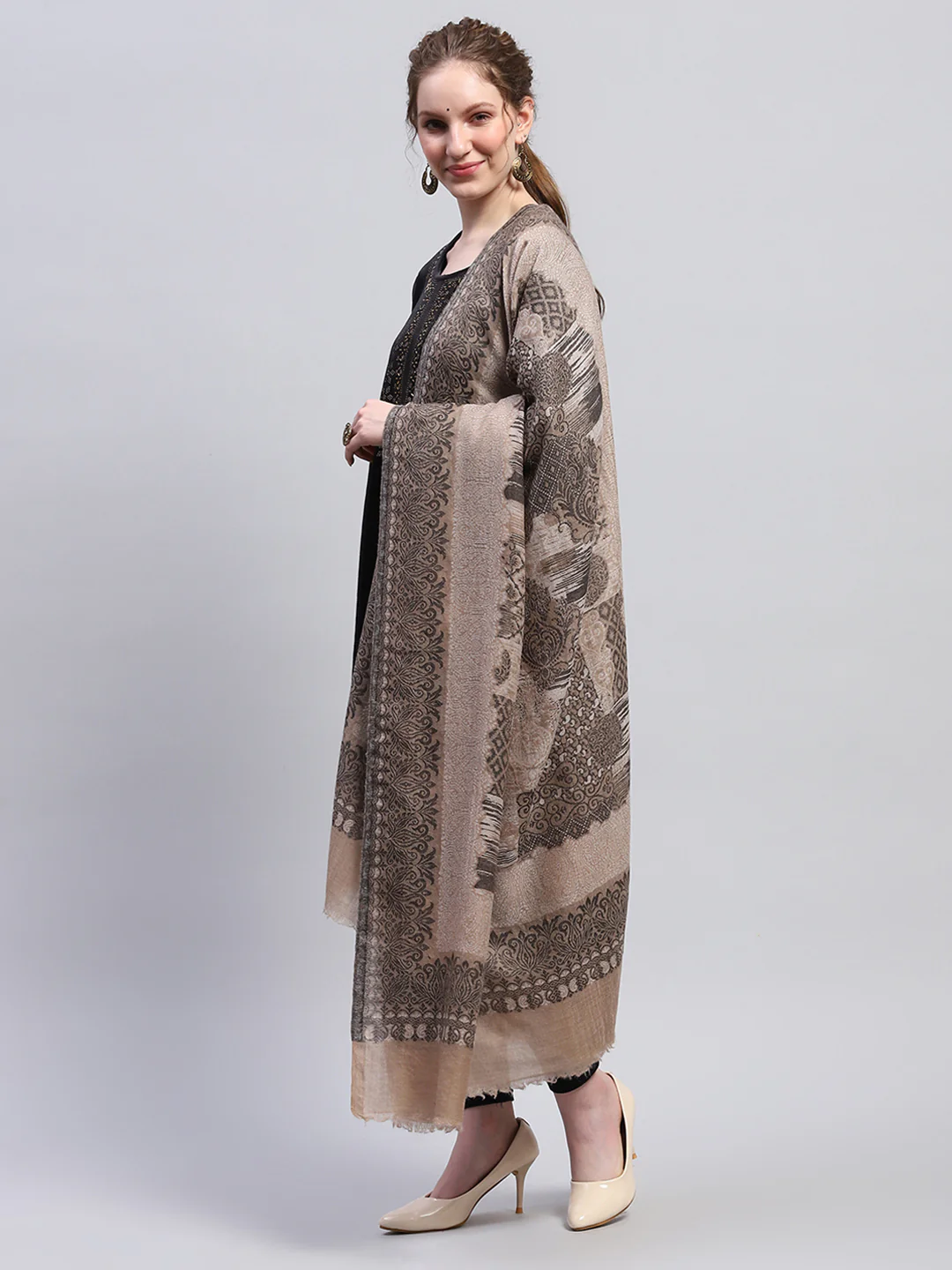 Women Beige Self Design Shawl - Image 3