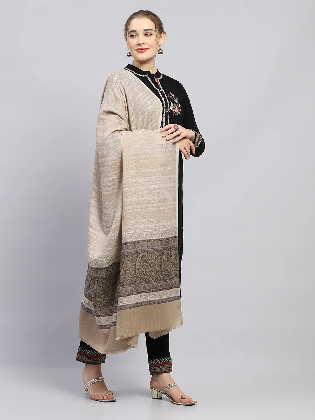 Women Beige Self Design Shawl - Image 4