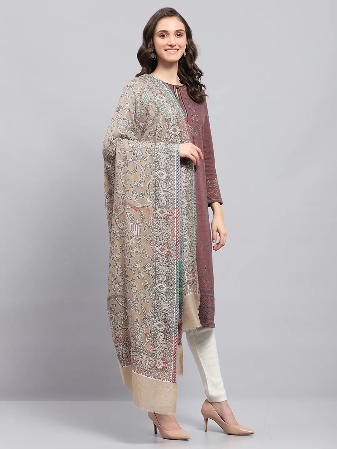 Women Beige Self Design Shawl - Image 4