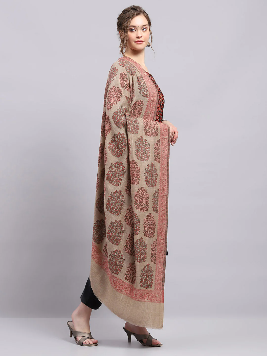 Women Beige Self Design Shawl - Image 4