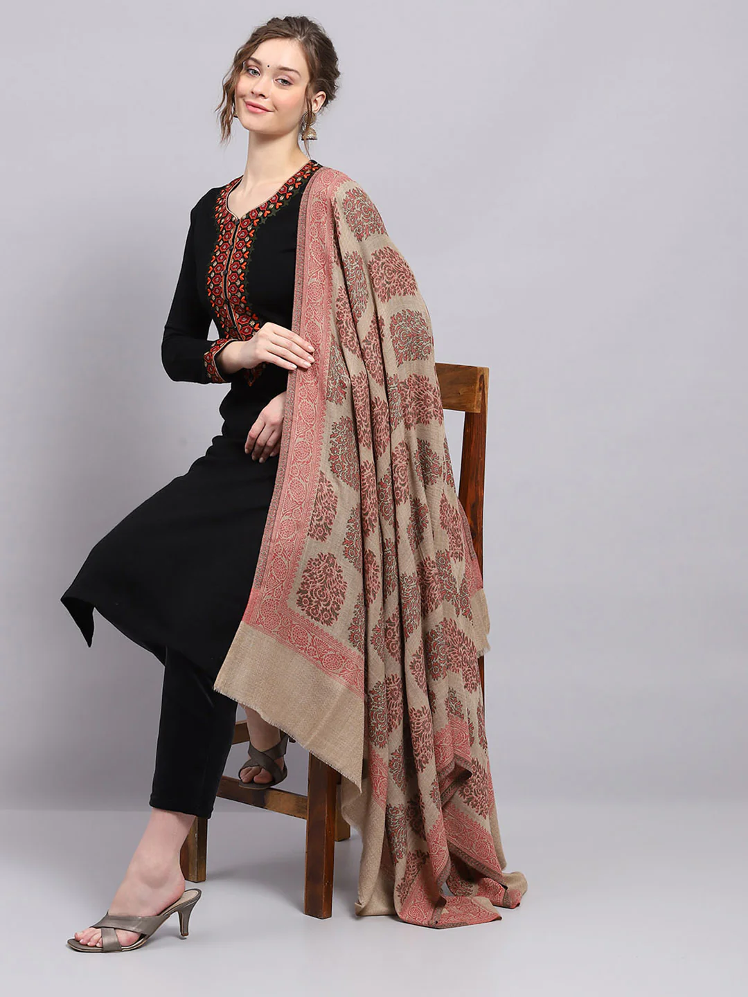 Women Beige Self Design Shawl - Image 5