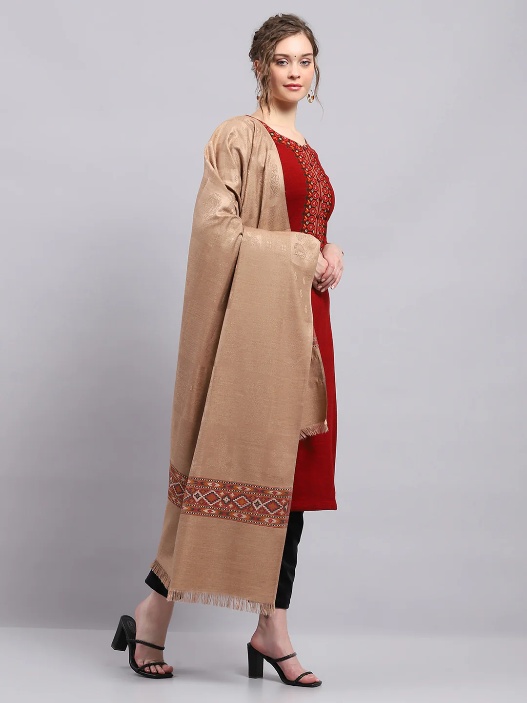 Women Beige Self Design Shawl - Image 4