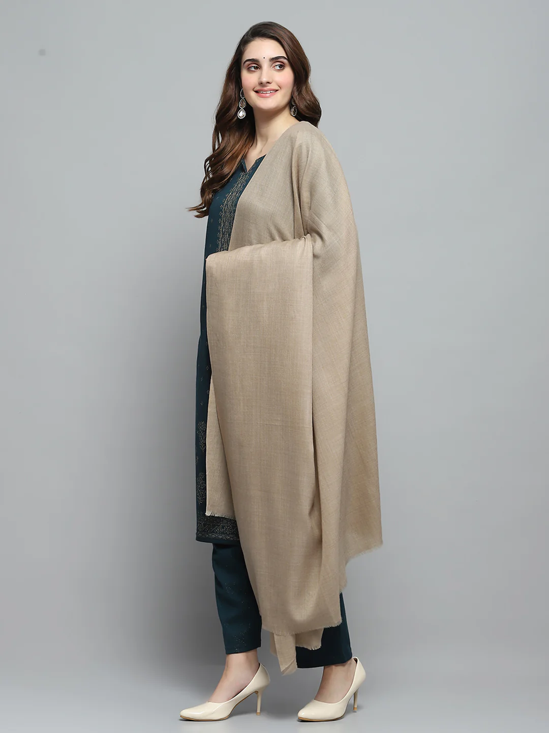 Women Beige Self Design Shawl - Image 3