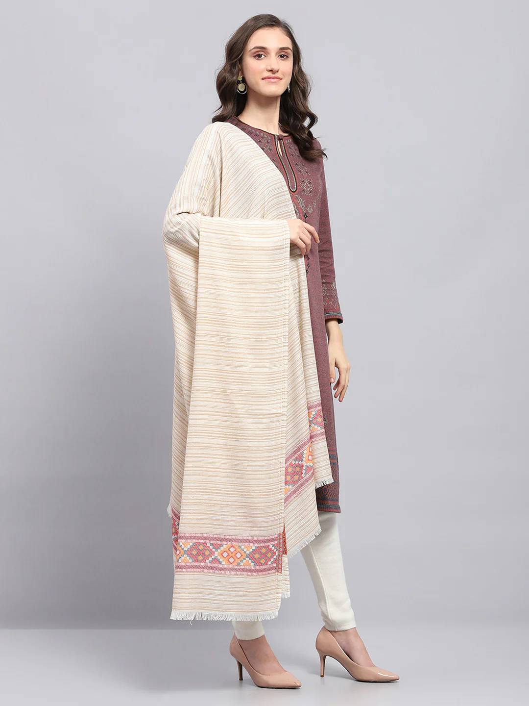 Women Beige Self Design Shawl - Image 3