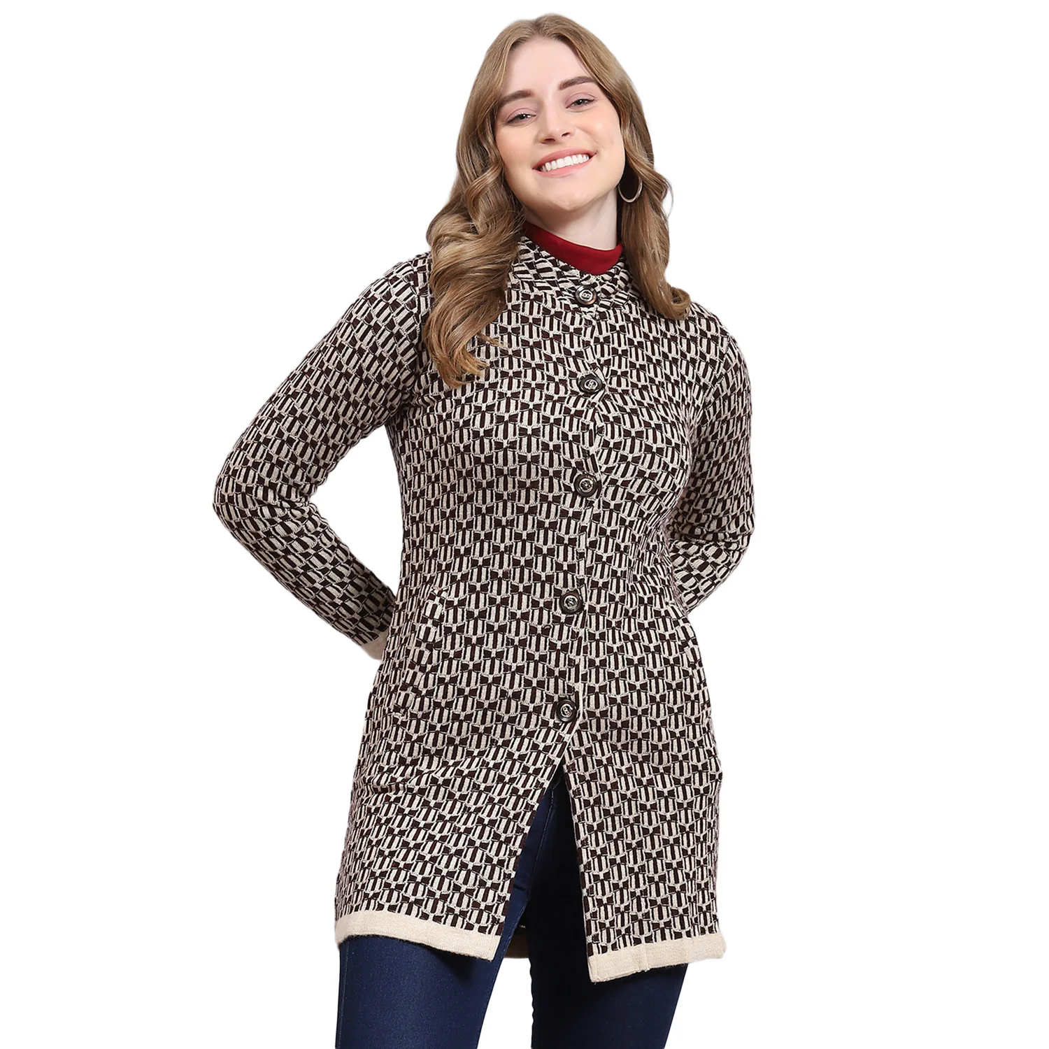 Women Beige Self Design Stand Collar Full Sleeve Coat - Image 5
