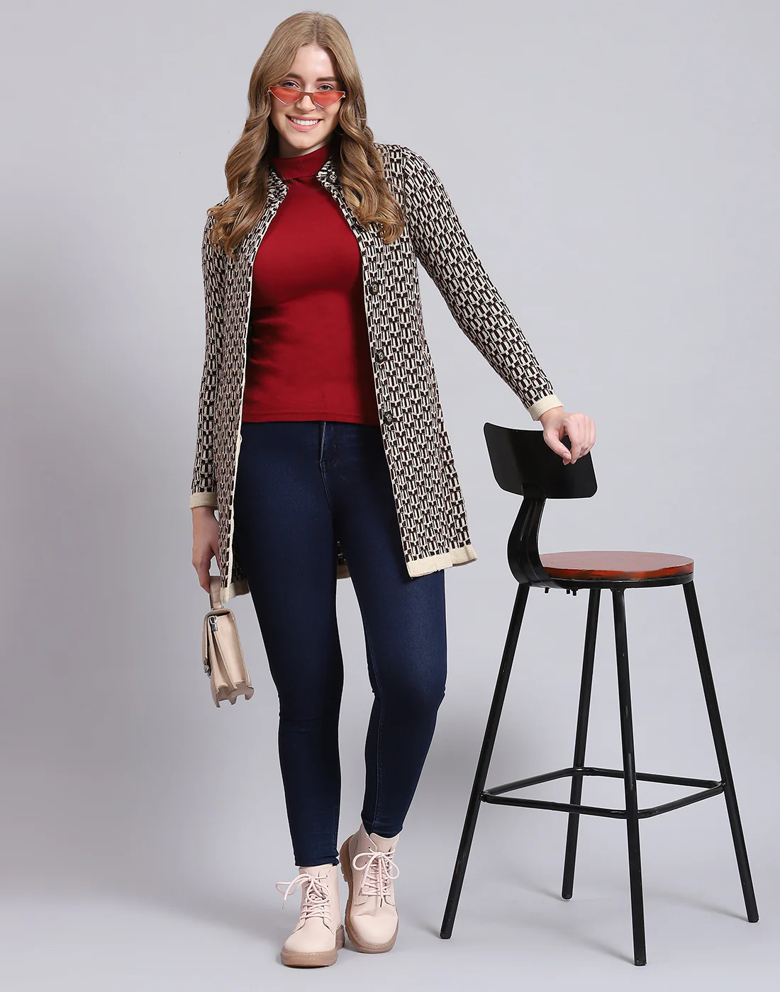 Women Beige Self Design Stand Collar Full Sleeve Coat - Image 7