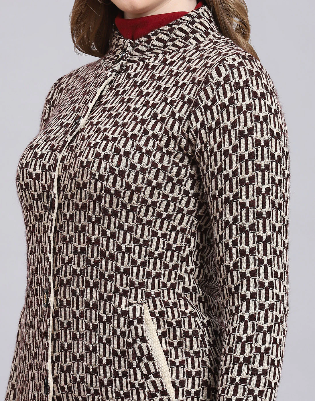 Women Beige Self Design Stand Collar Full Sleeve Coat - Image 8