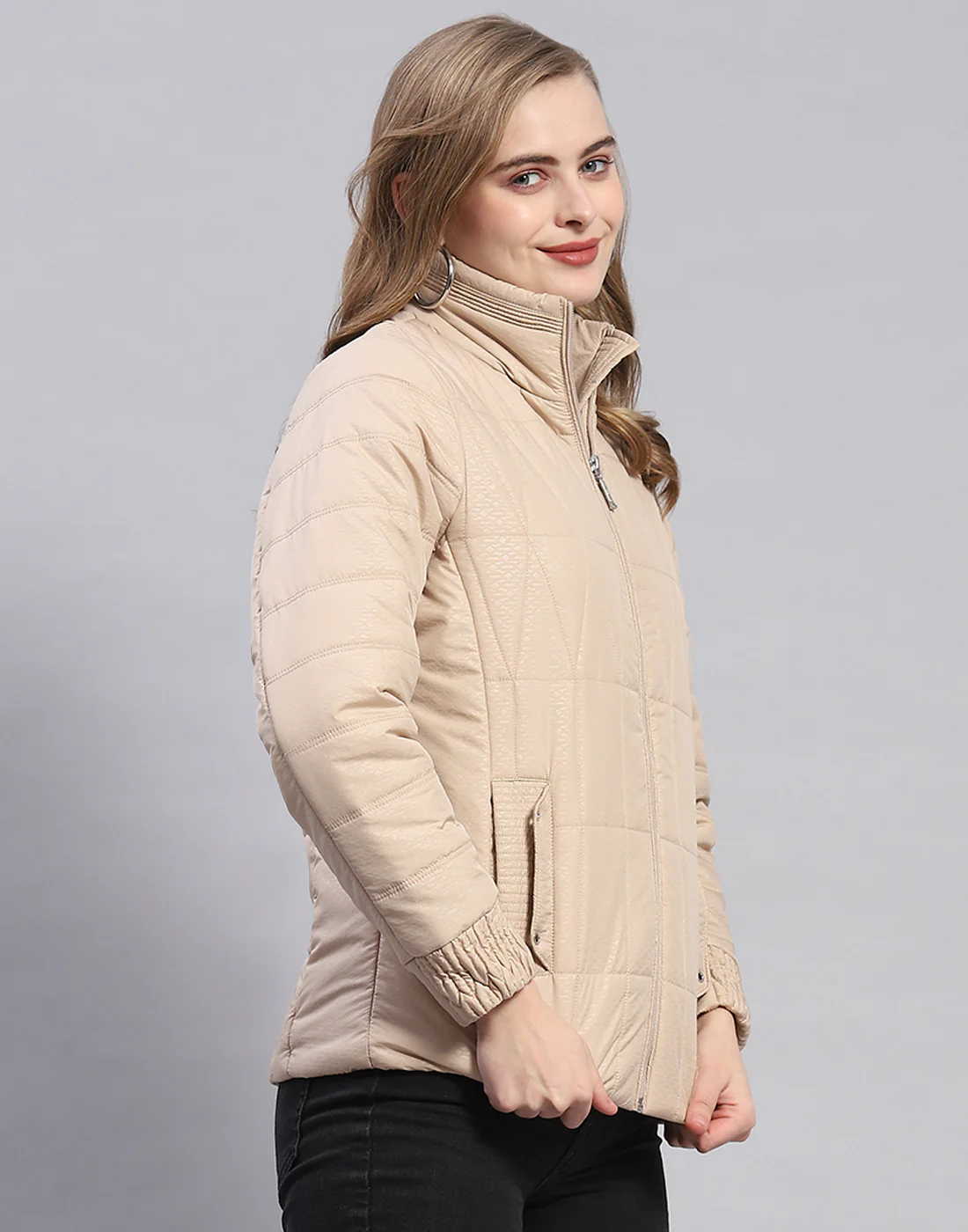Women Beige Self Design Stand Collar Full Sleeve Jacket - Image 4