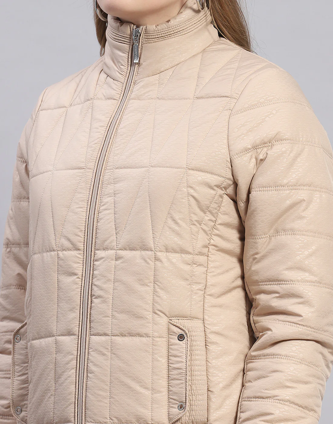 Women Beige Self Design Stand Collar Full Sleeve Jacket - Image 6
