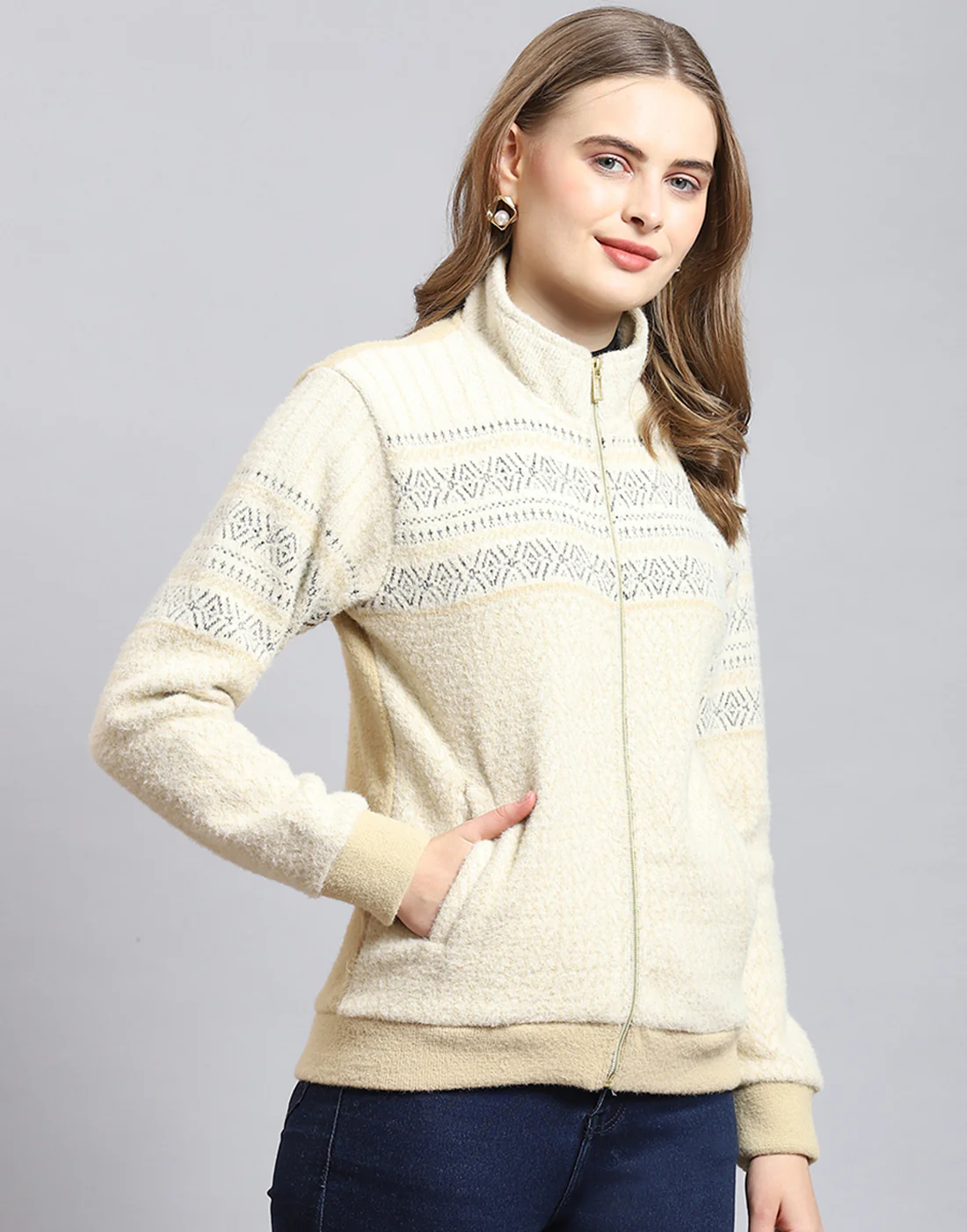 Women Beige Self Design Stand Collar Full Sleeve Sweatshirt - Image 5