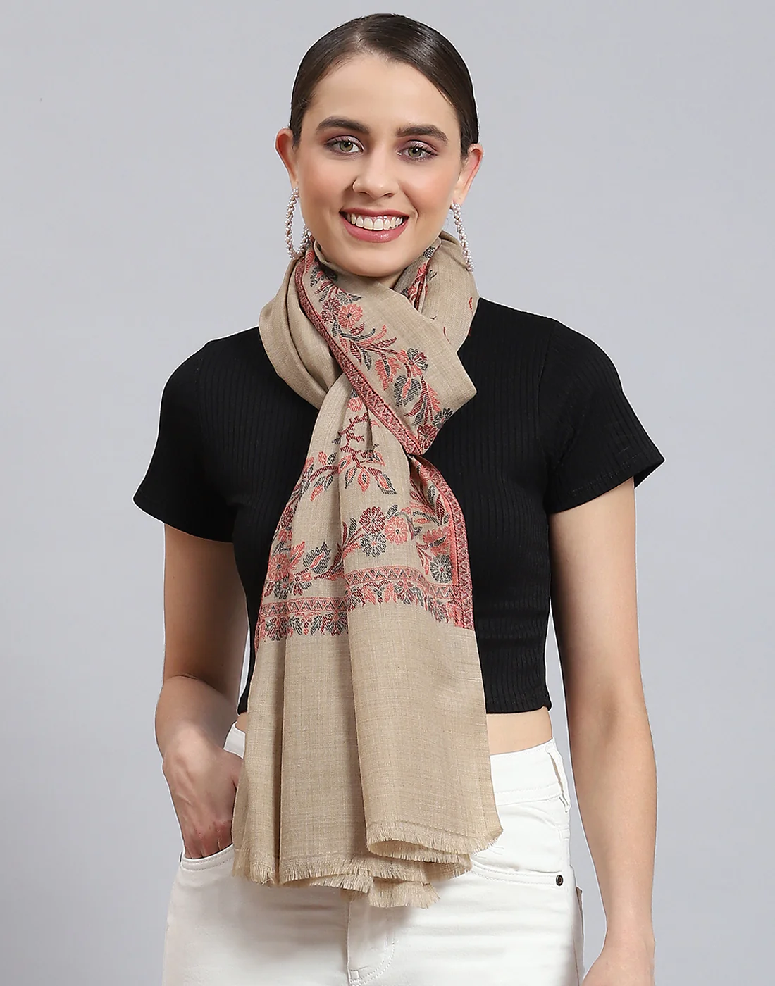 Women Beige Self Design Stole - Image 3
