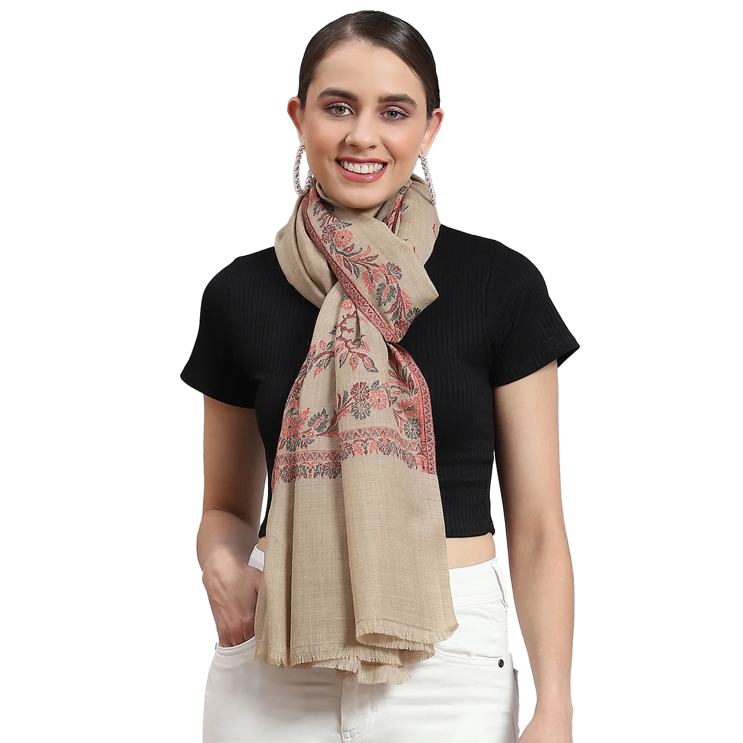 Women Beige Self Design Stole - Image 6