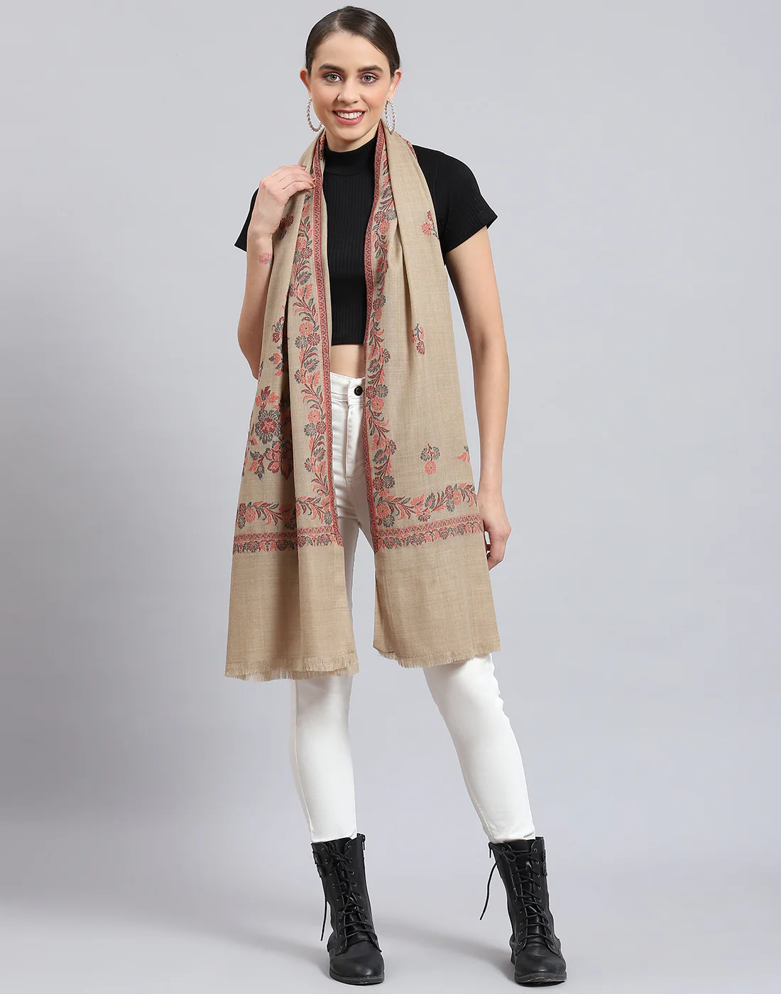 Women Beige Self Design Stole - Image 7