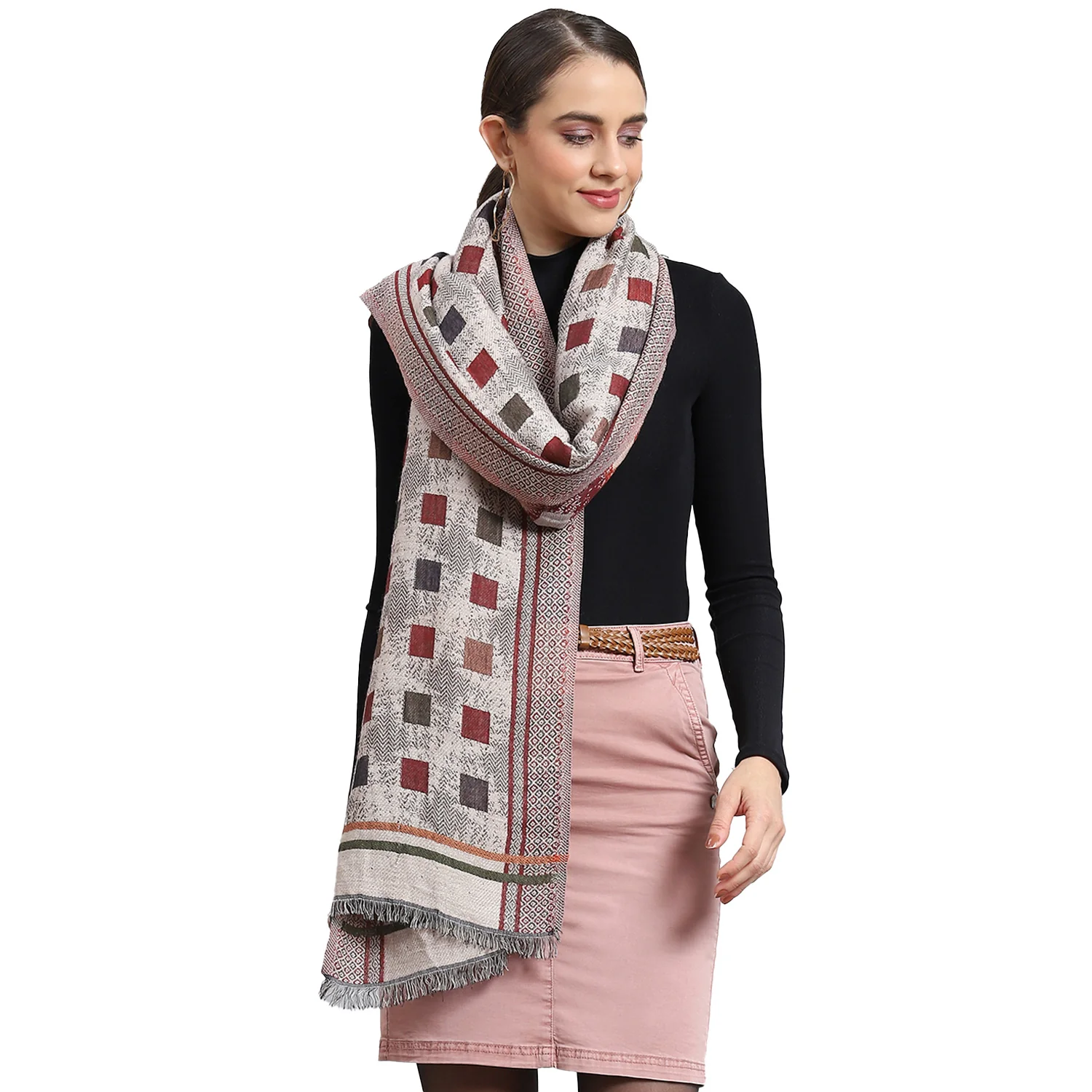 Women Beige Self Design Stole - Image 5