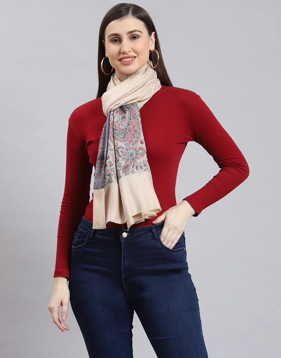 Women Beige Self Design Stole - Image 2