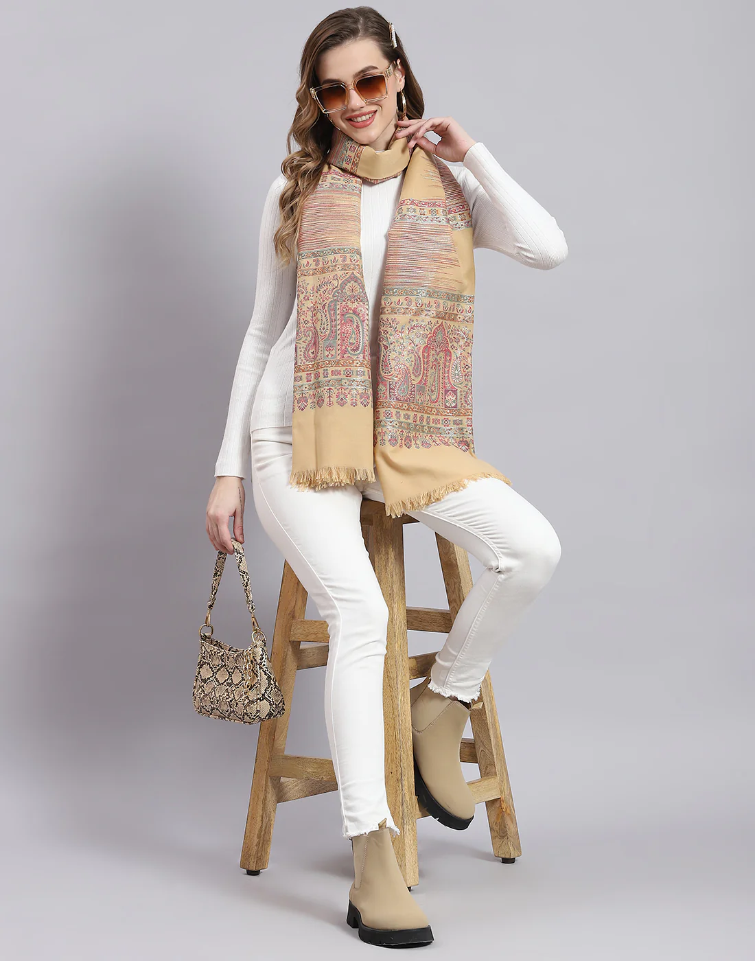 Women Beige Self Design Stole - Image 2
