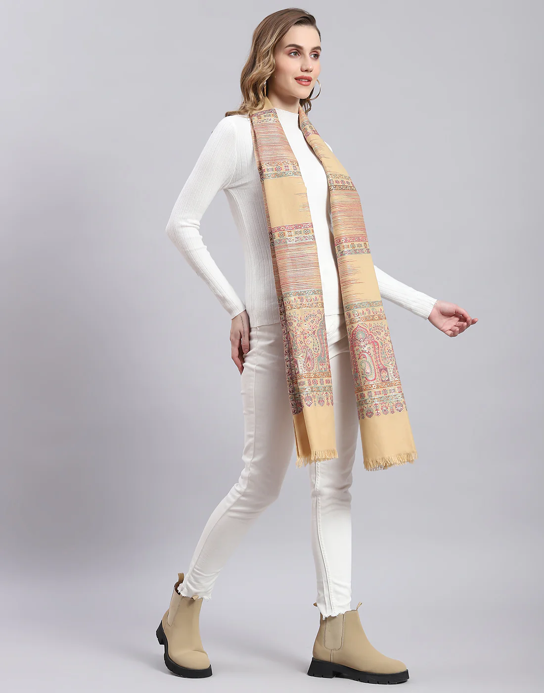 Women Beige Self Design Stole - Image 5