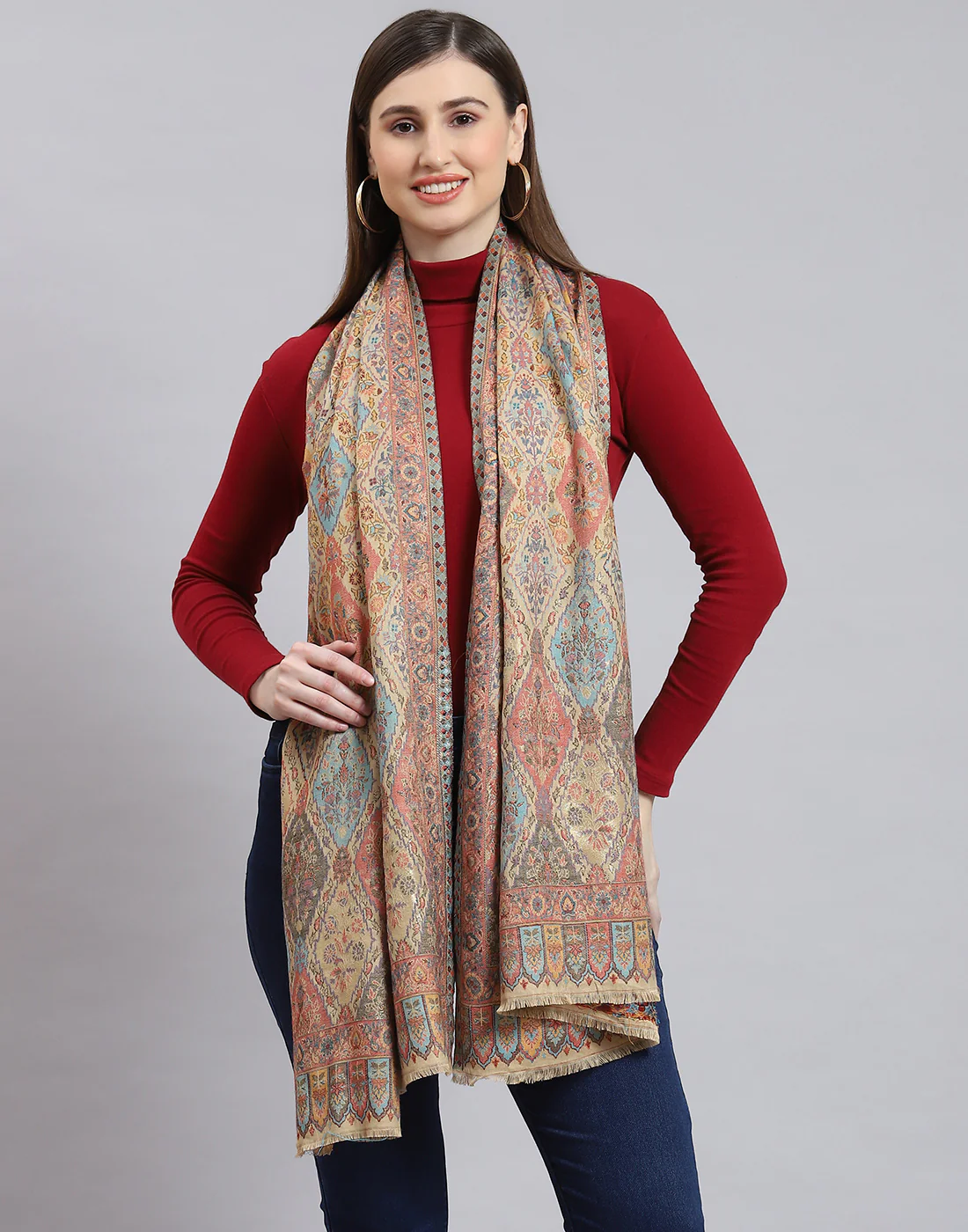 Women Beige Self Design Stole - Image 2
