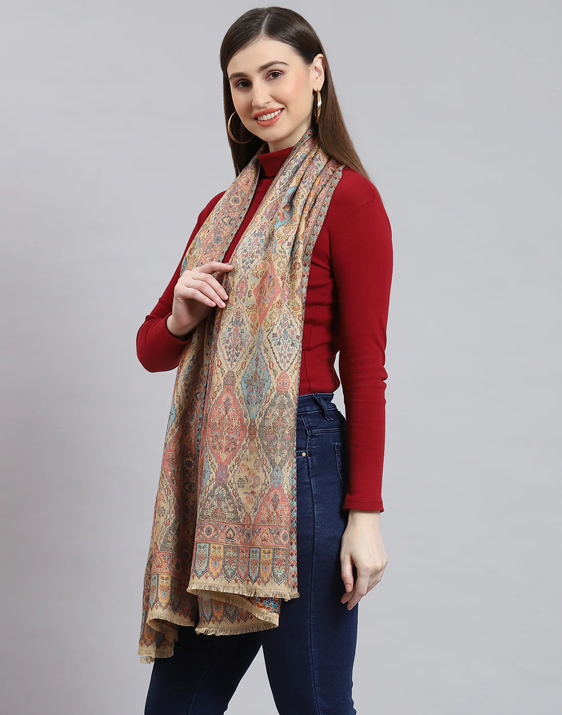 Women Beige Self Design Stole - Image 3