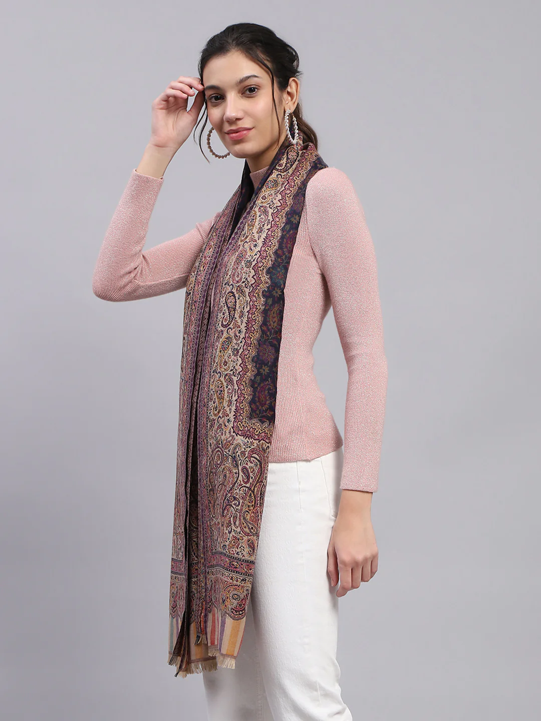 Women Beige Self Design Stole - Image 4