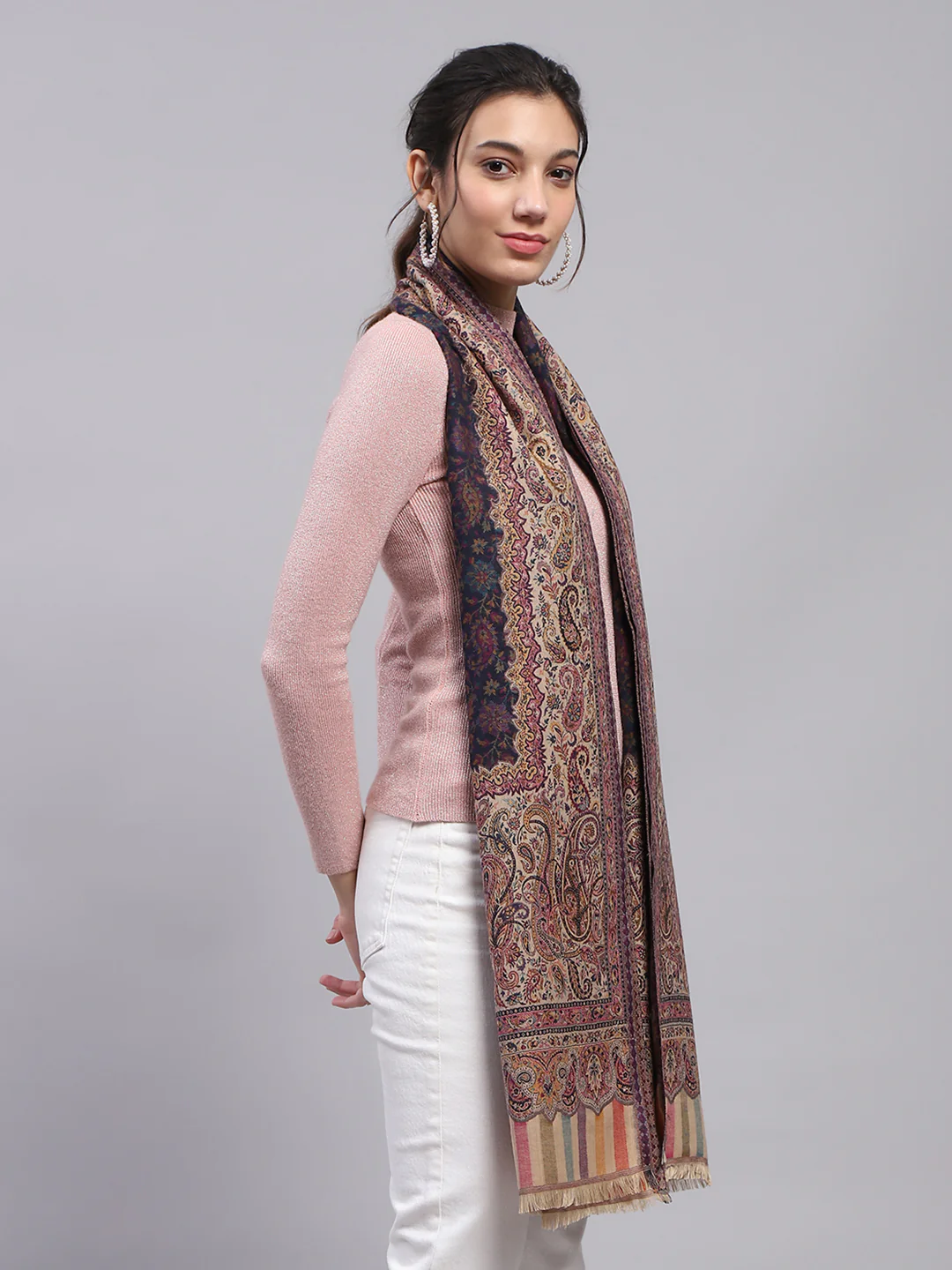 Women Beige Self Design Stole - Image 5