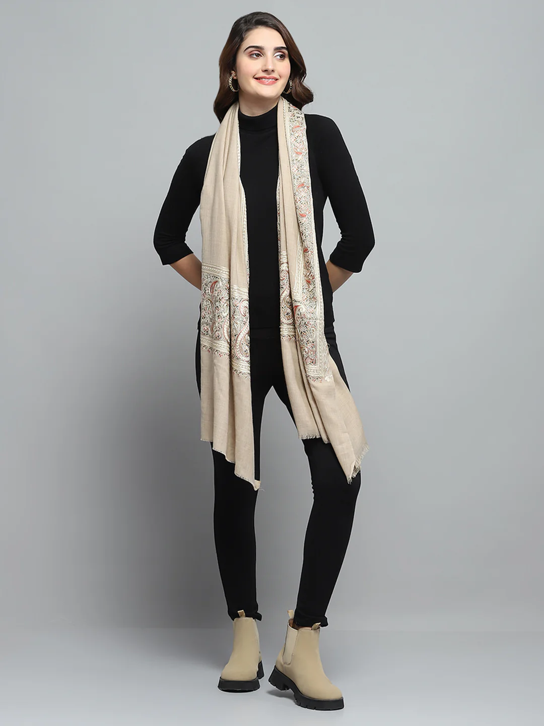 Women Beige Self Design Stole - Image 5