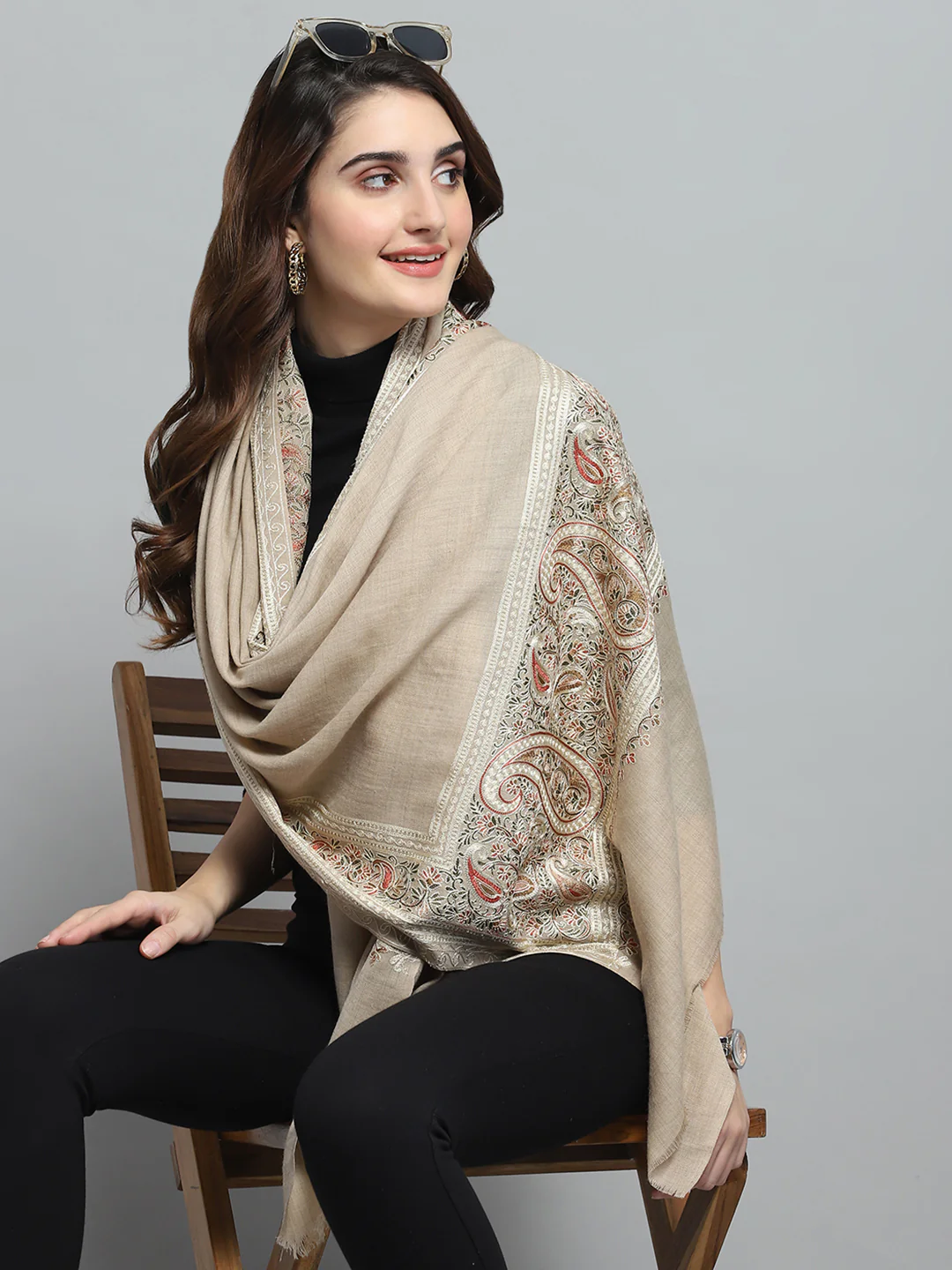 Women Beige Self Design Stole - Image 6