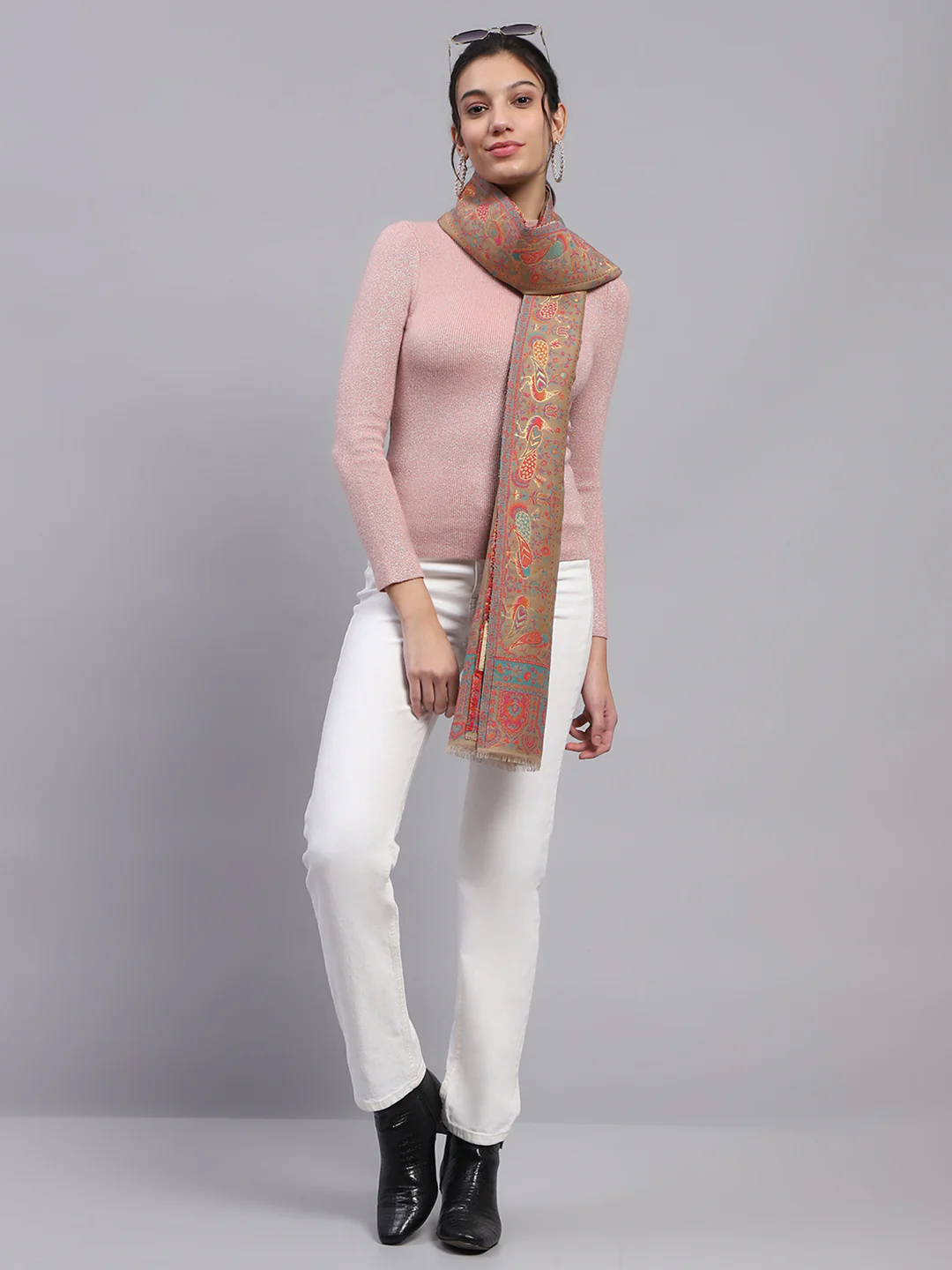 Women Beige Self Design Stole - Image 2