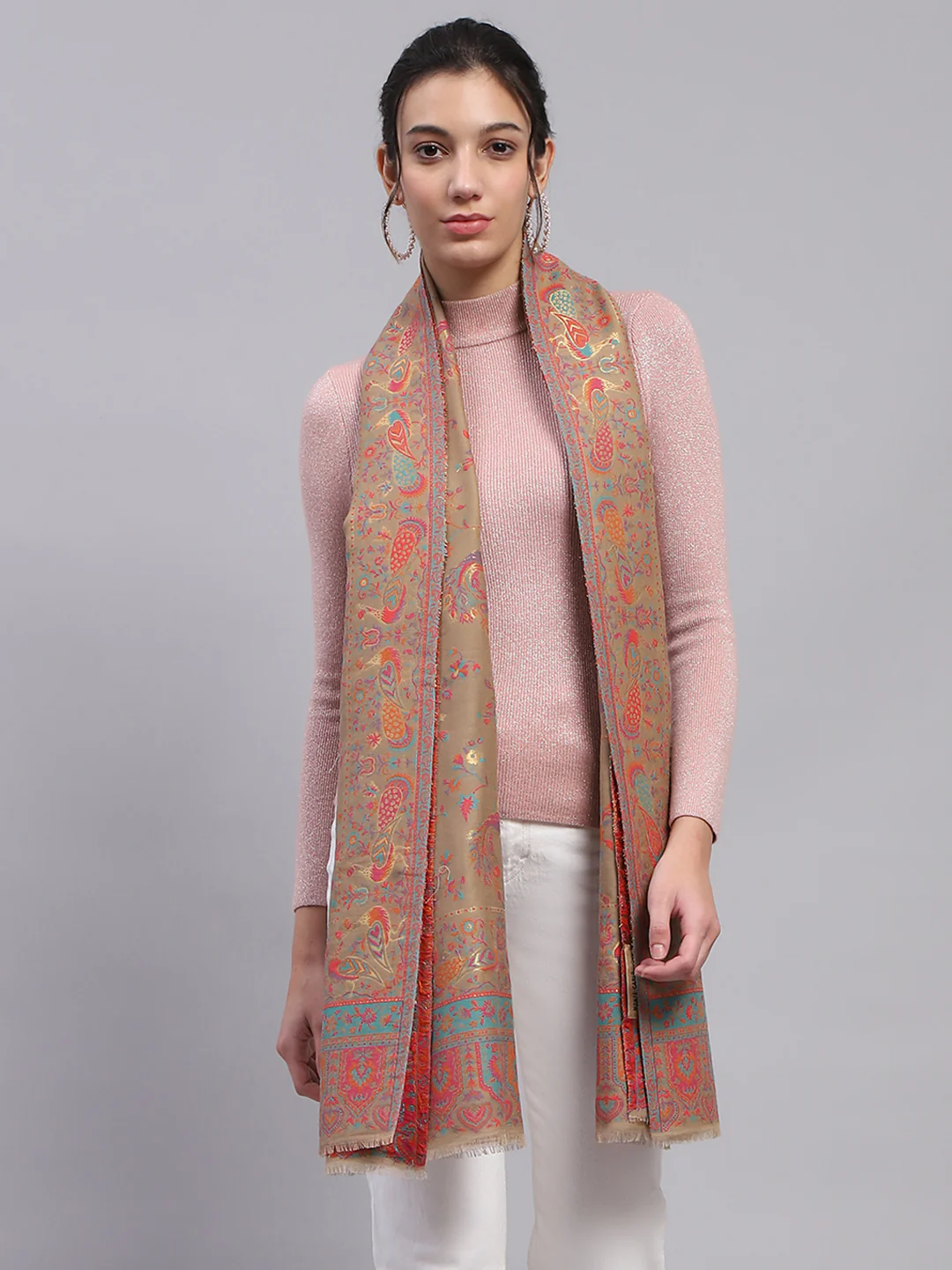 Women Beige Self Design Stole - Image 3