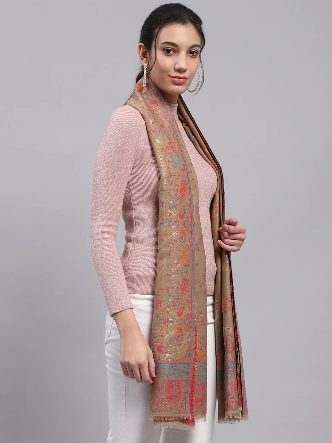 Women Beige Self Design Stole - Image 5