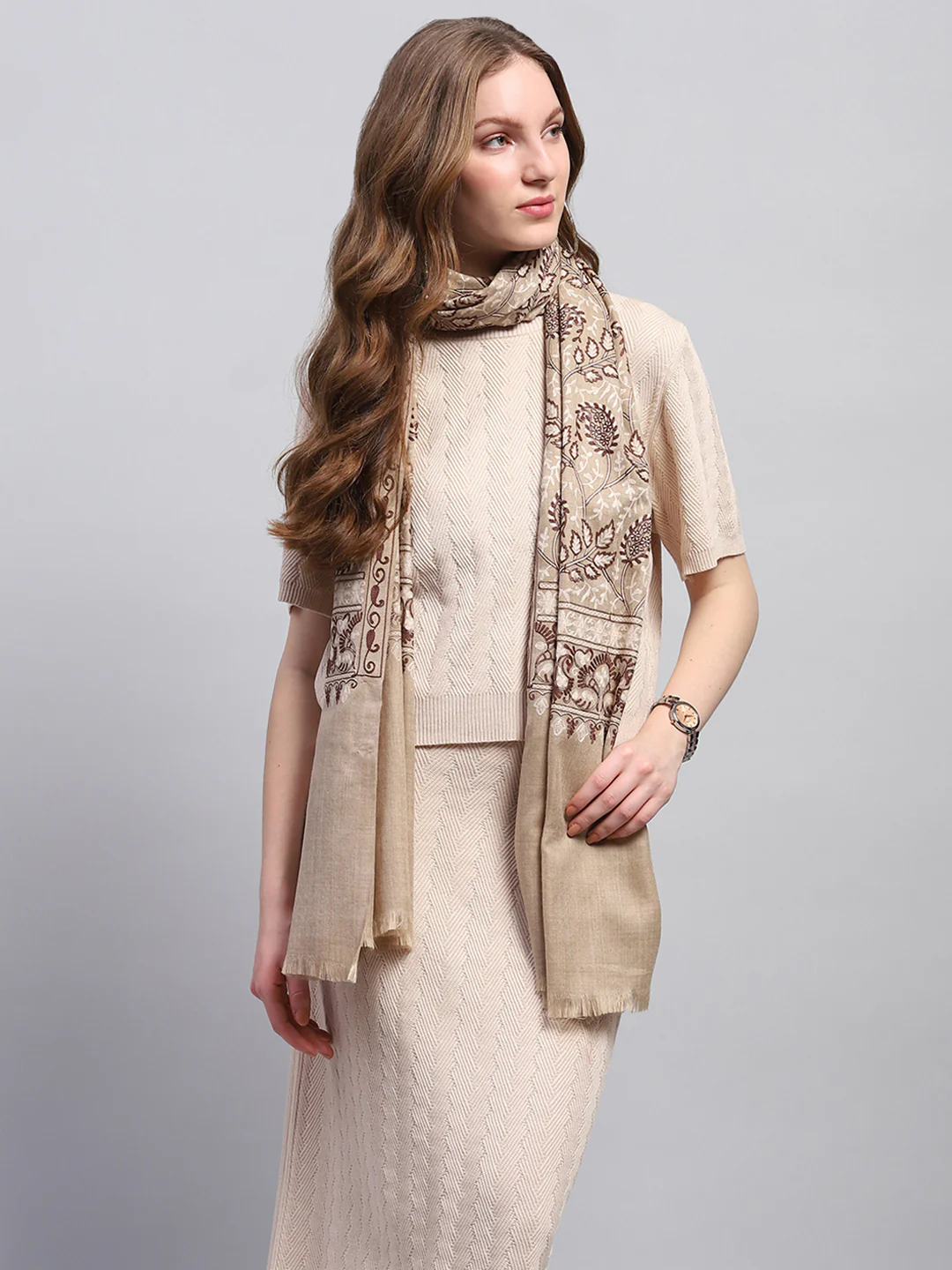 Women Beige Self Design Stole - Image 3