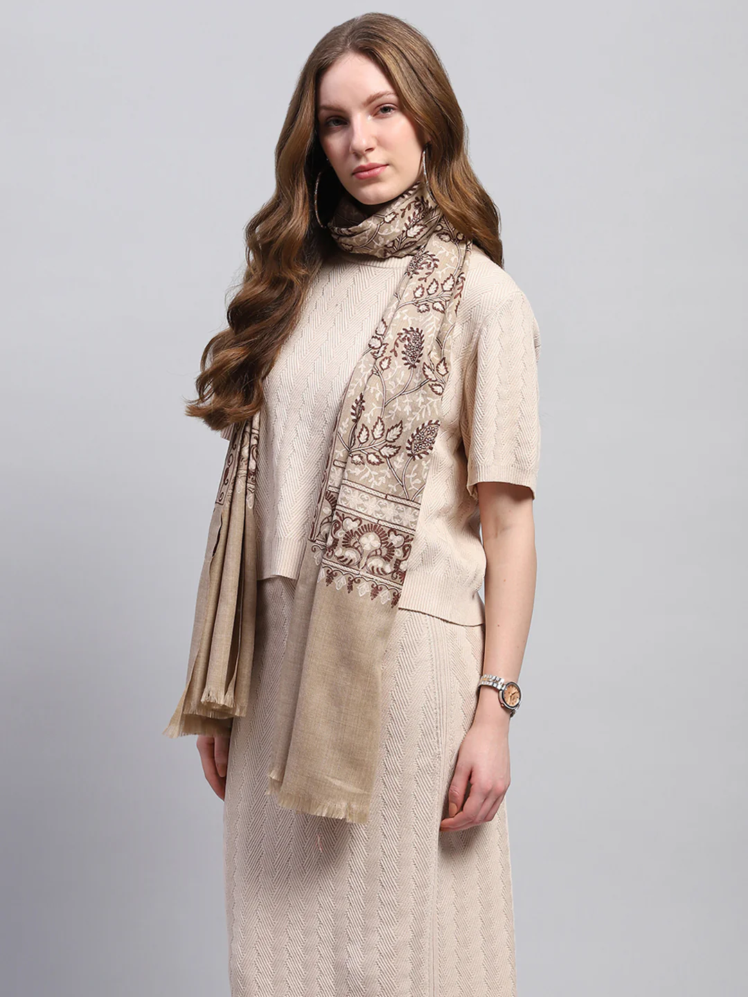 Women Beige Self Design Stole - Image 4