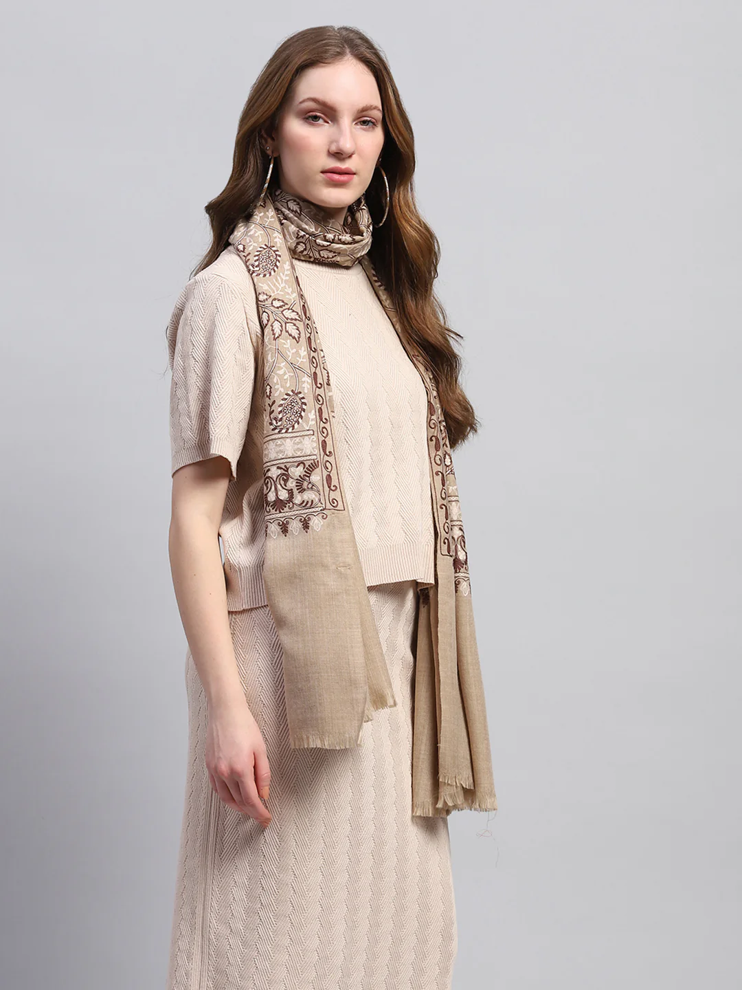 Women Beige Self Design Stole - Image 5