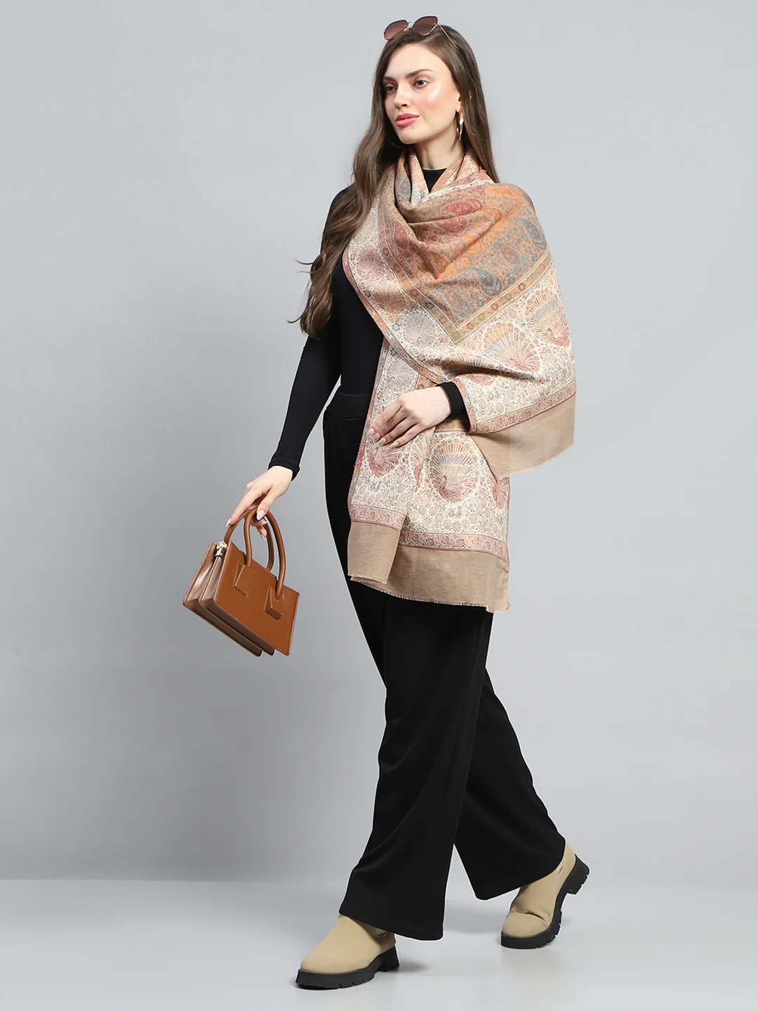 Women Beige Self Design Stole - Image 2