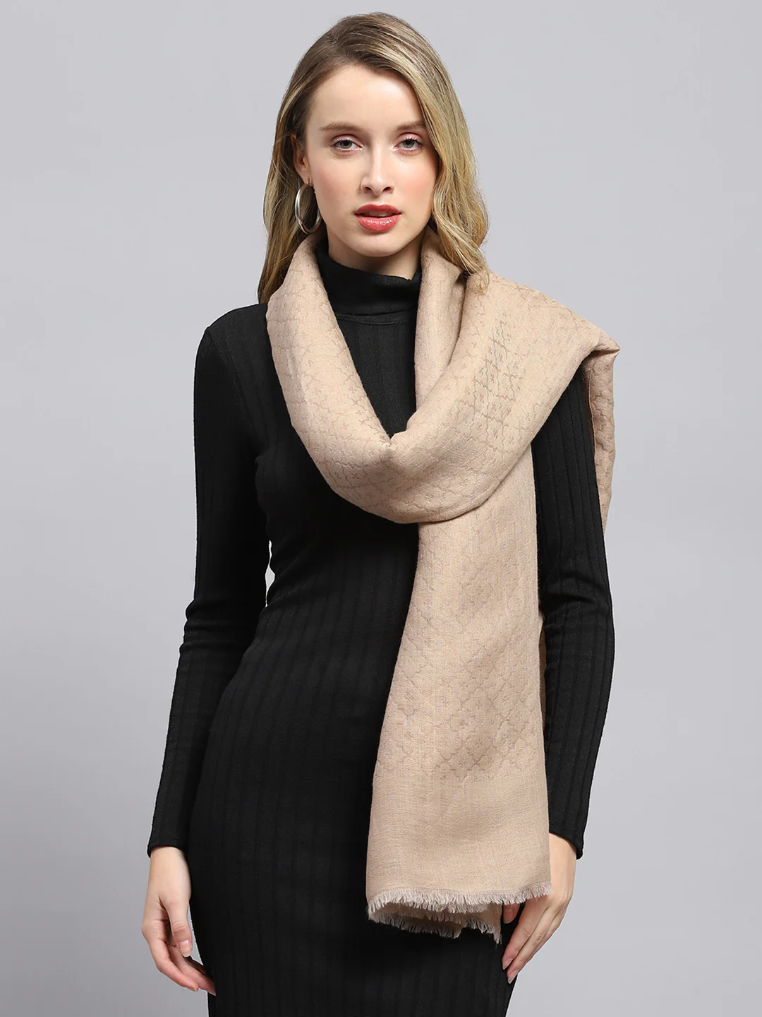 Women Beige Self Design Stole - Image 3