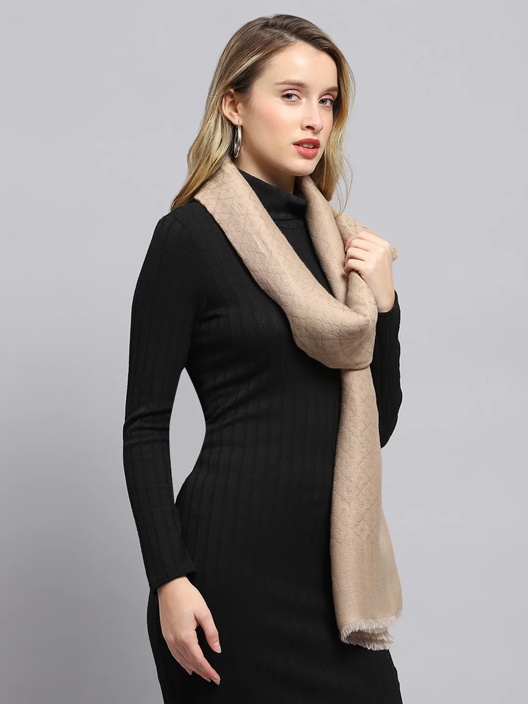 Women Beige Self Design Stole - Image 5