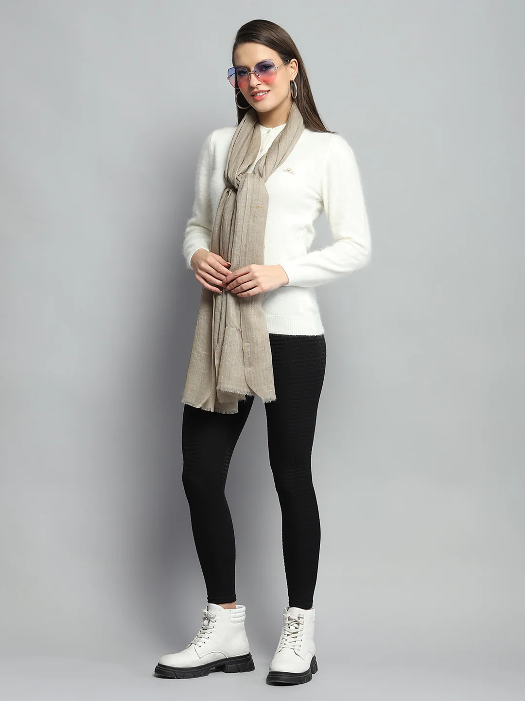 Women Beige Self Design Stole - Image 2