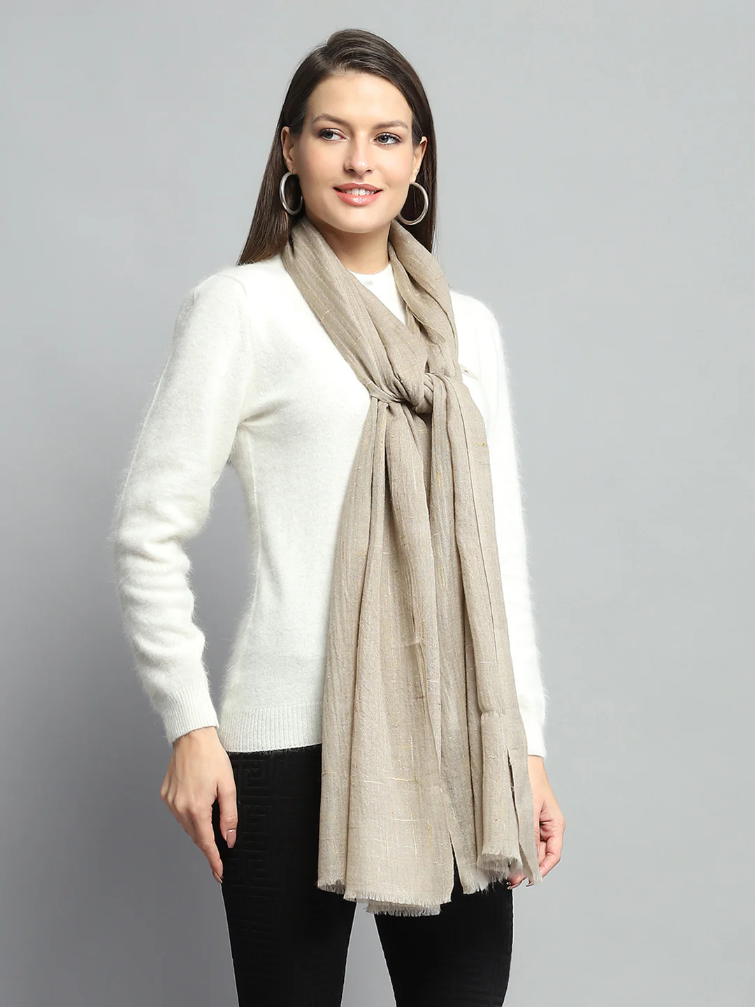 Women Beige Self Design Stole - Image 5