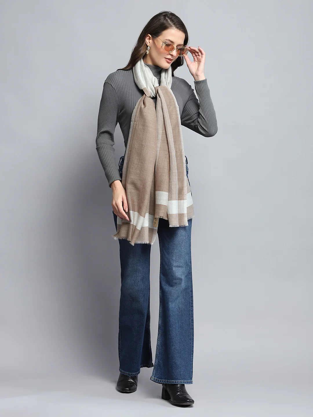 Women Beige Self Design Stole - Image 2