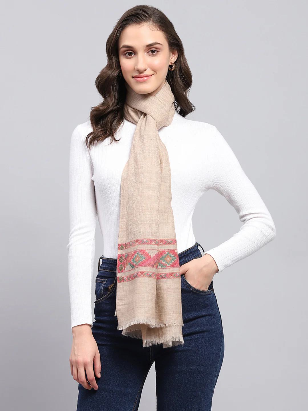 Women Beige Self Design Stole - Image 3
