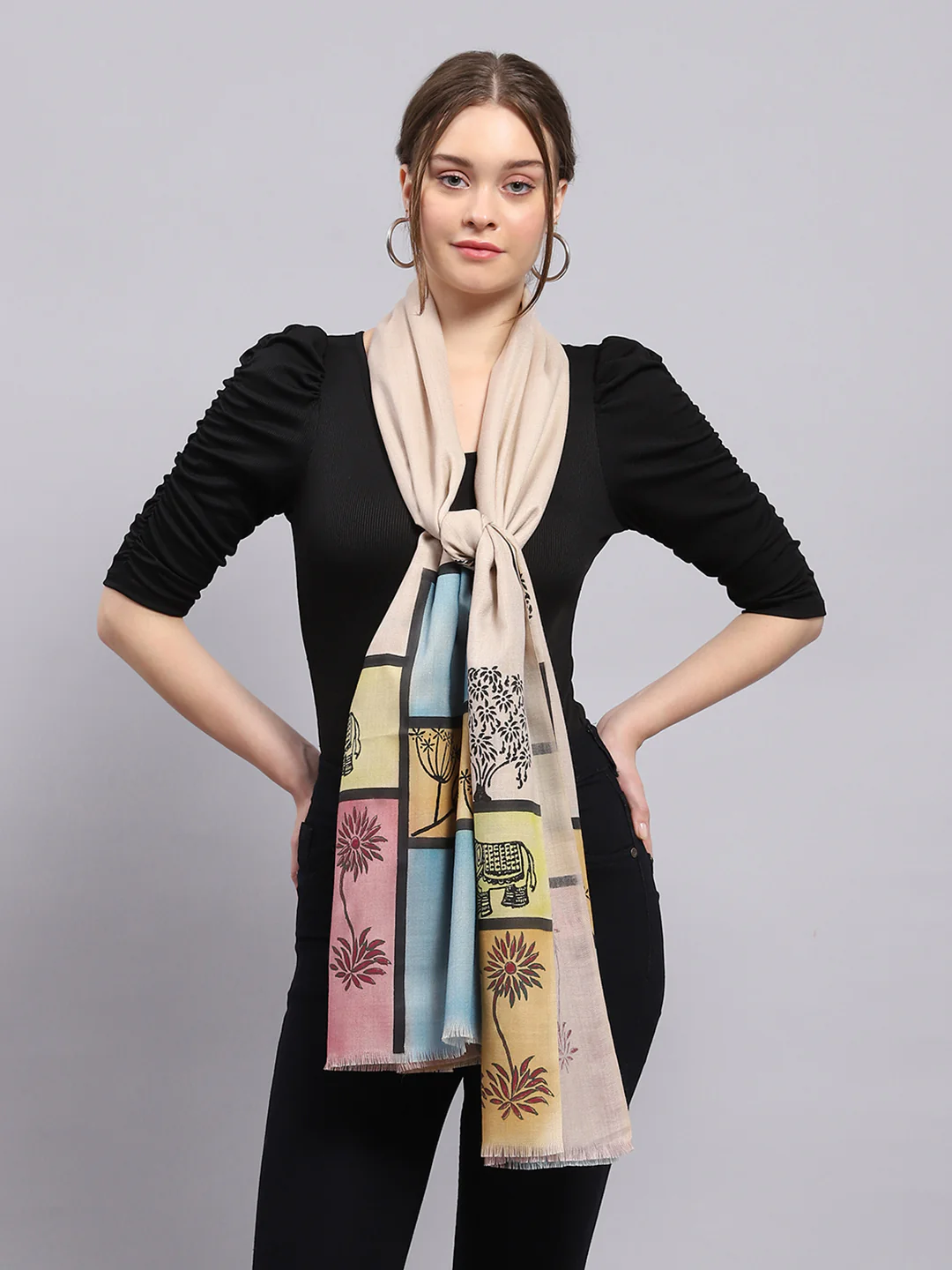 Women Beige Self Design Stole - Image 3