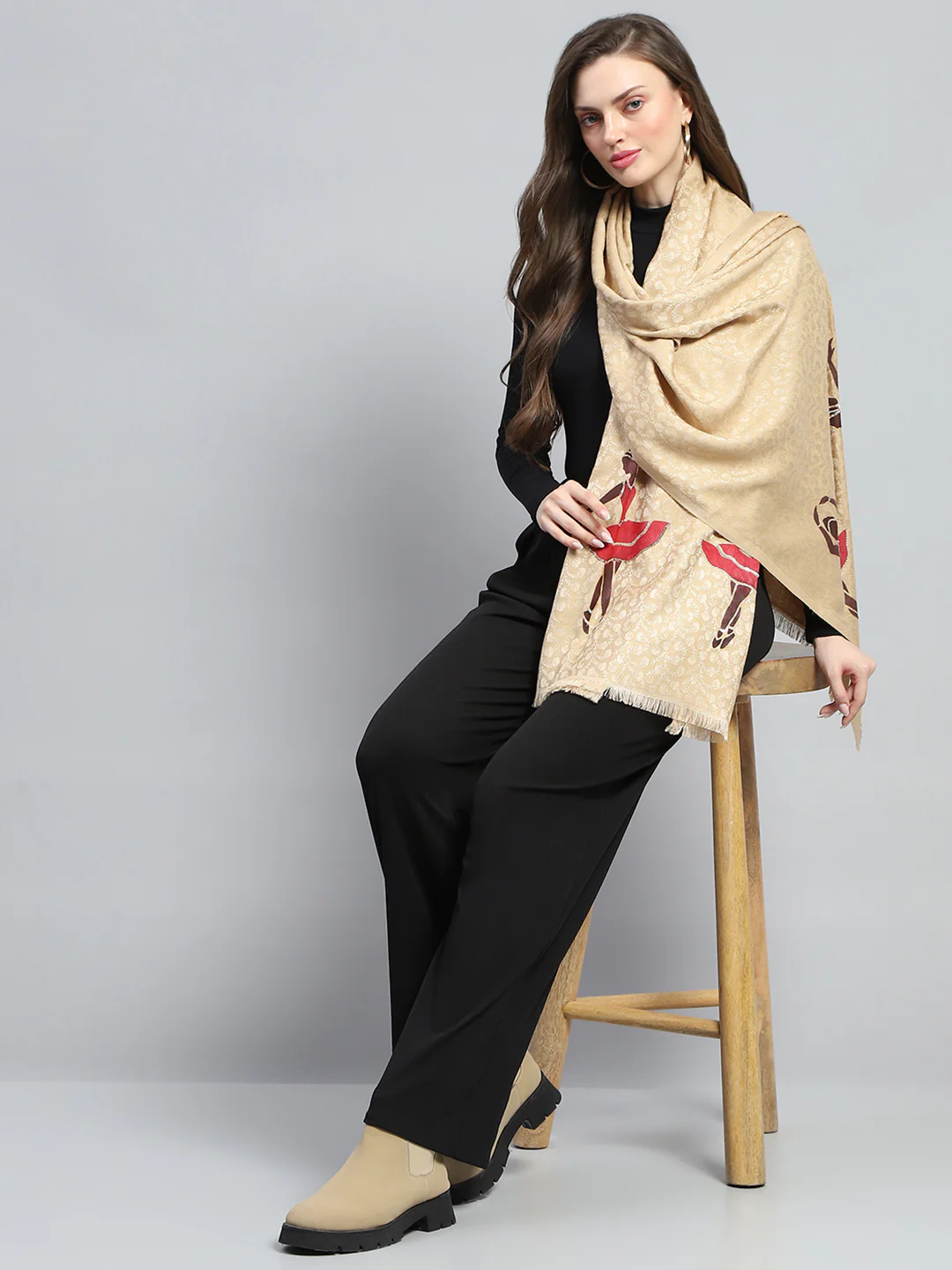 Women Beige Self Design Stole - Image 2
