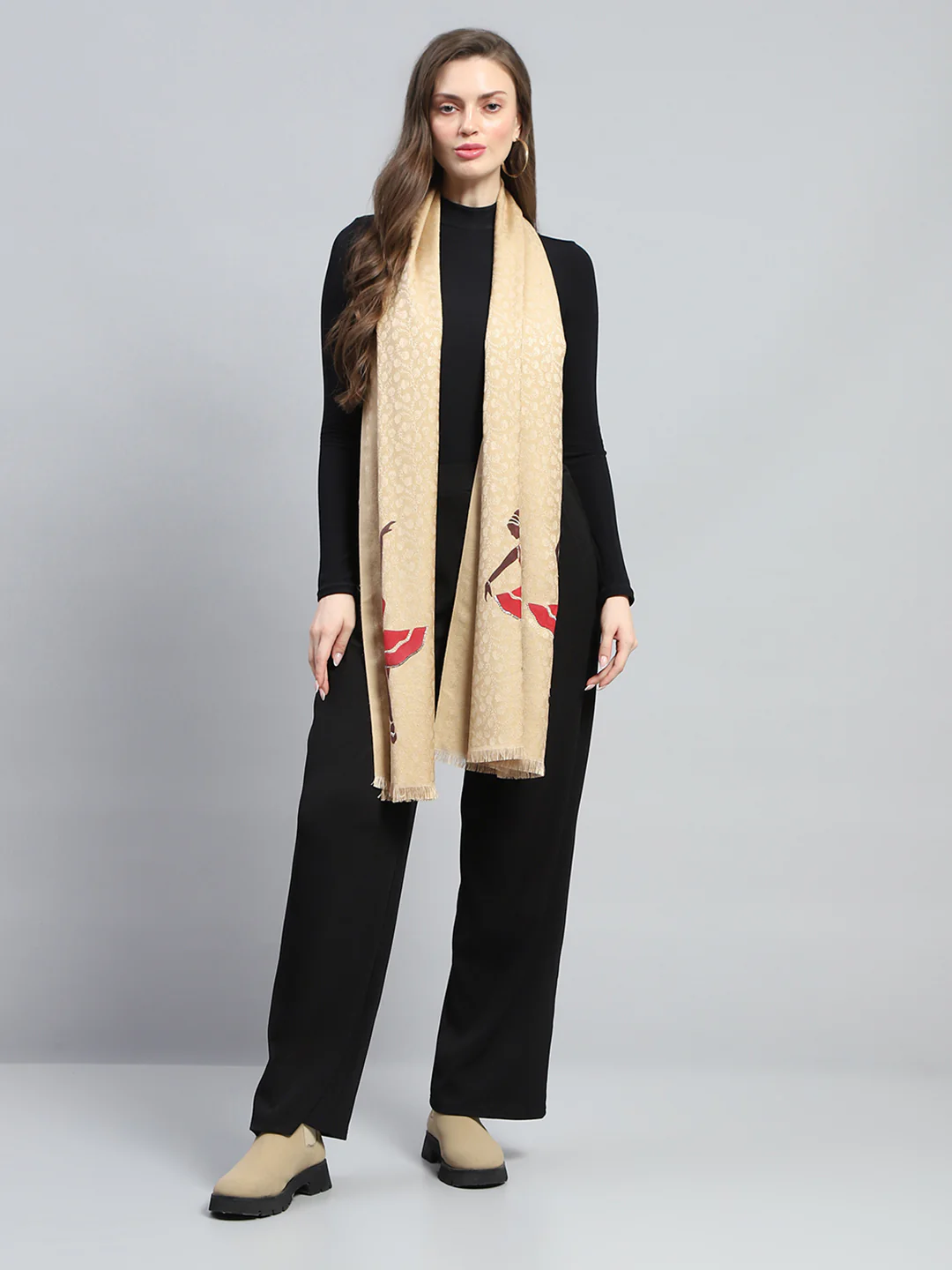 Women Beige Self Design Stole - Image 5