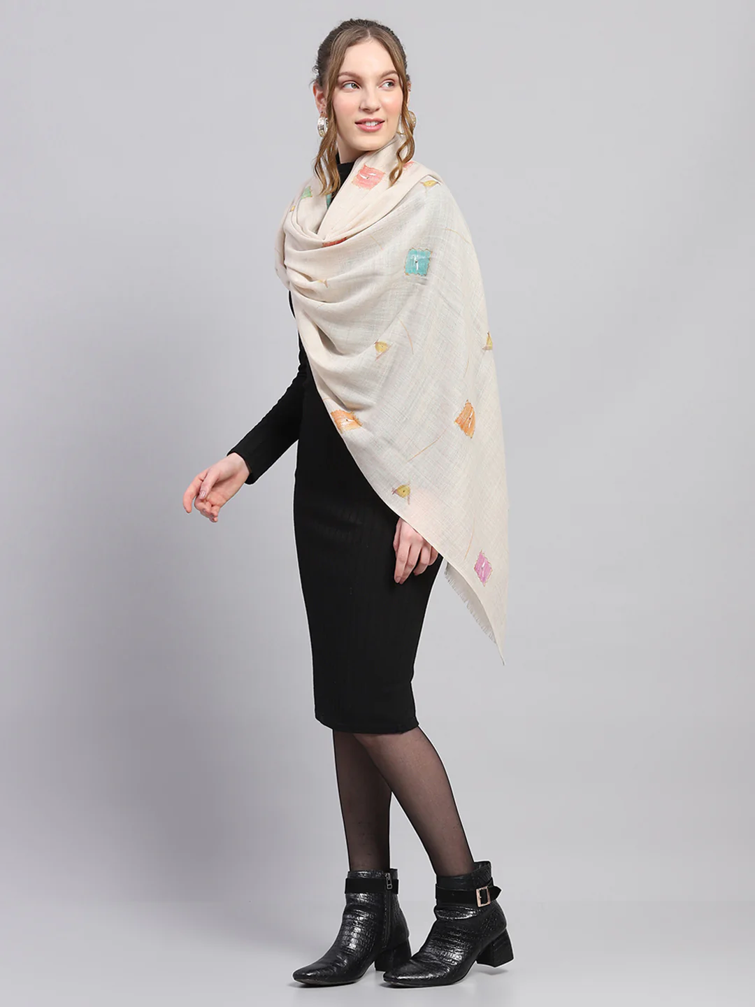 Women Beige Self Design Stole - Image 3