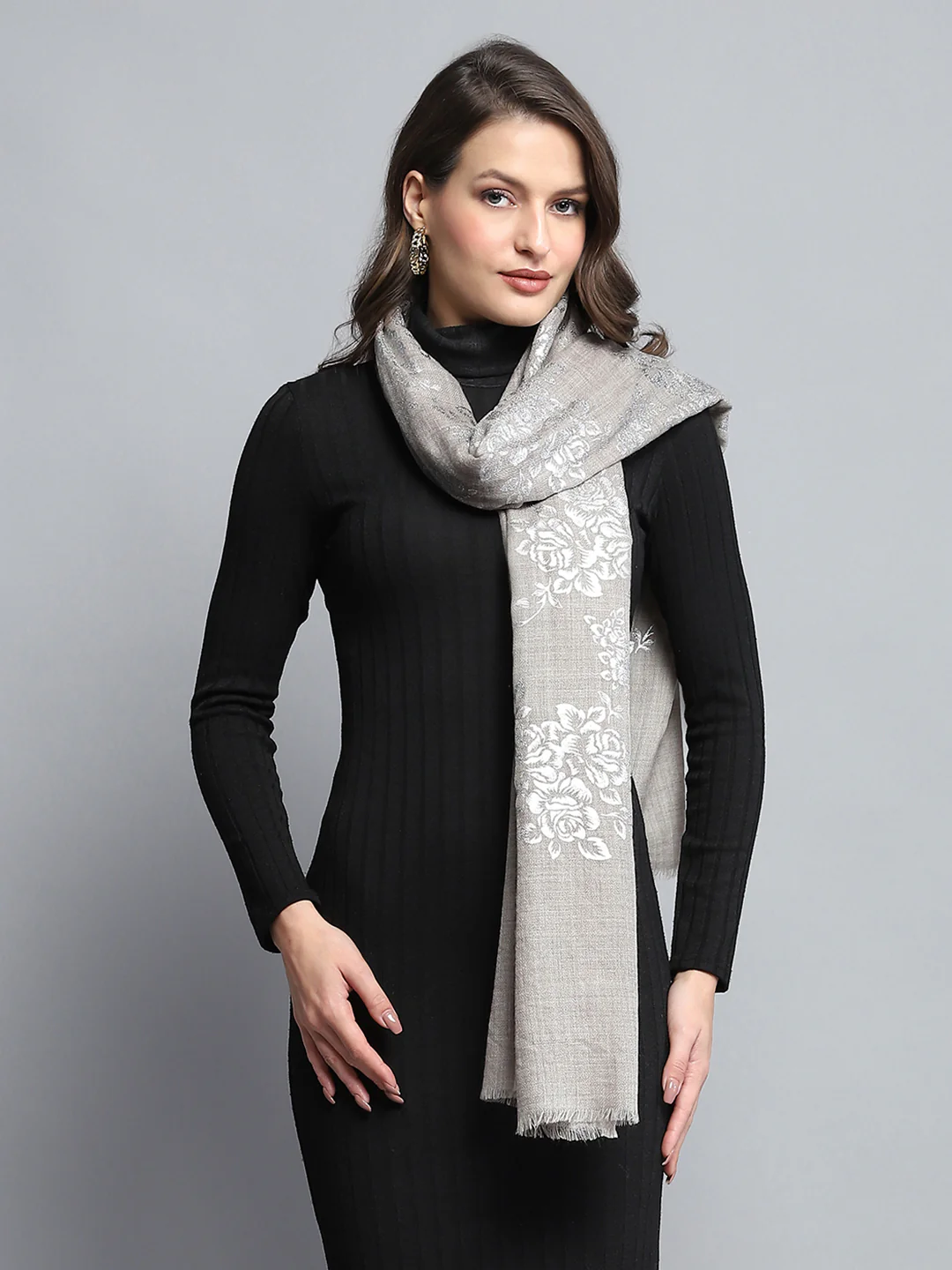 Women Beige Self Design Stole - Image 3