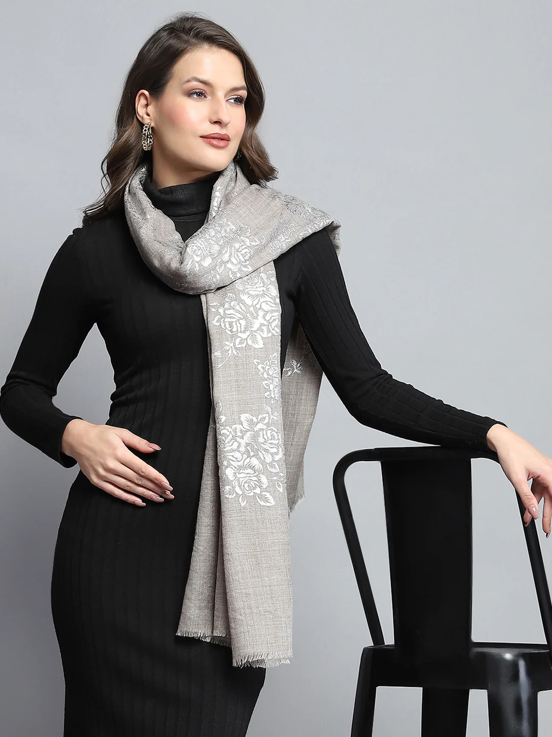 Women Beige Self Design Stole - Image 6
