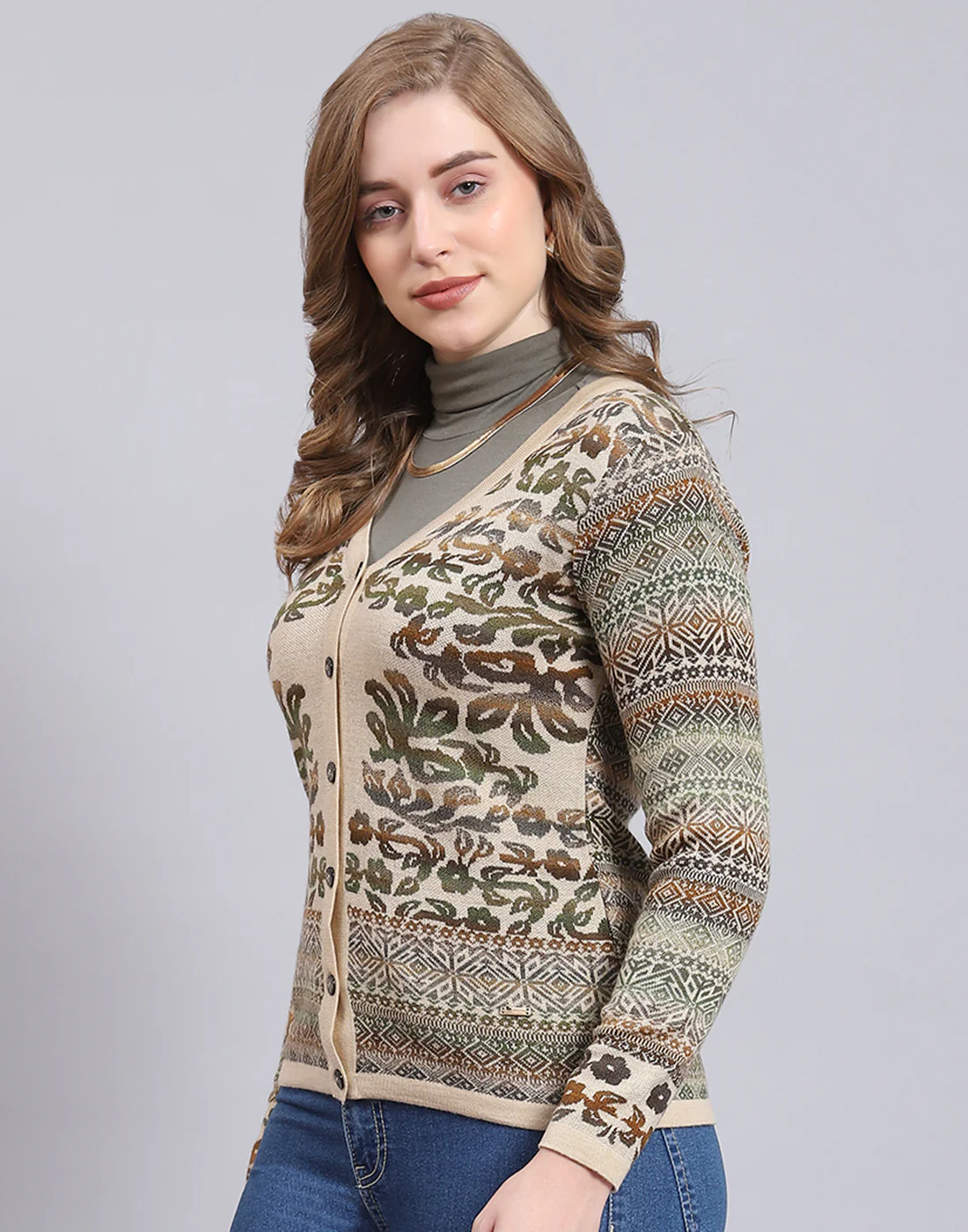 Women Beige Self Design V Neck Full Sleeve Cardigan - Image 3