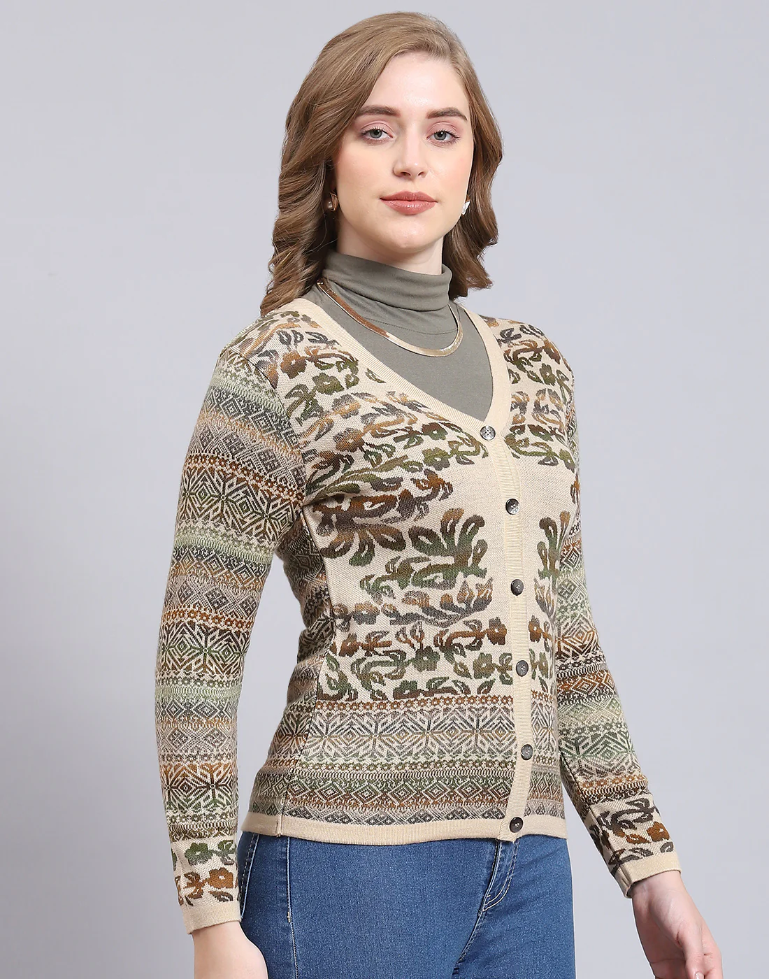 Women Beige Self Design V Neck Full Sleeve Cardigan - Image 4