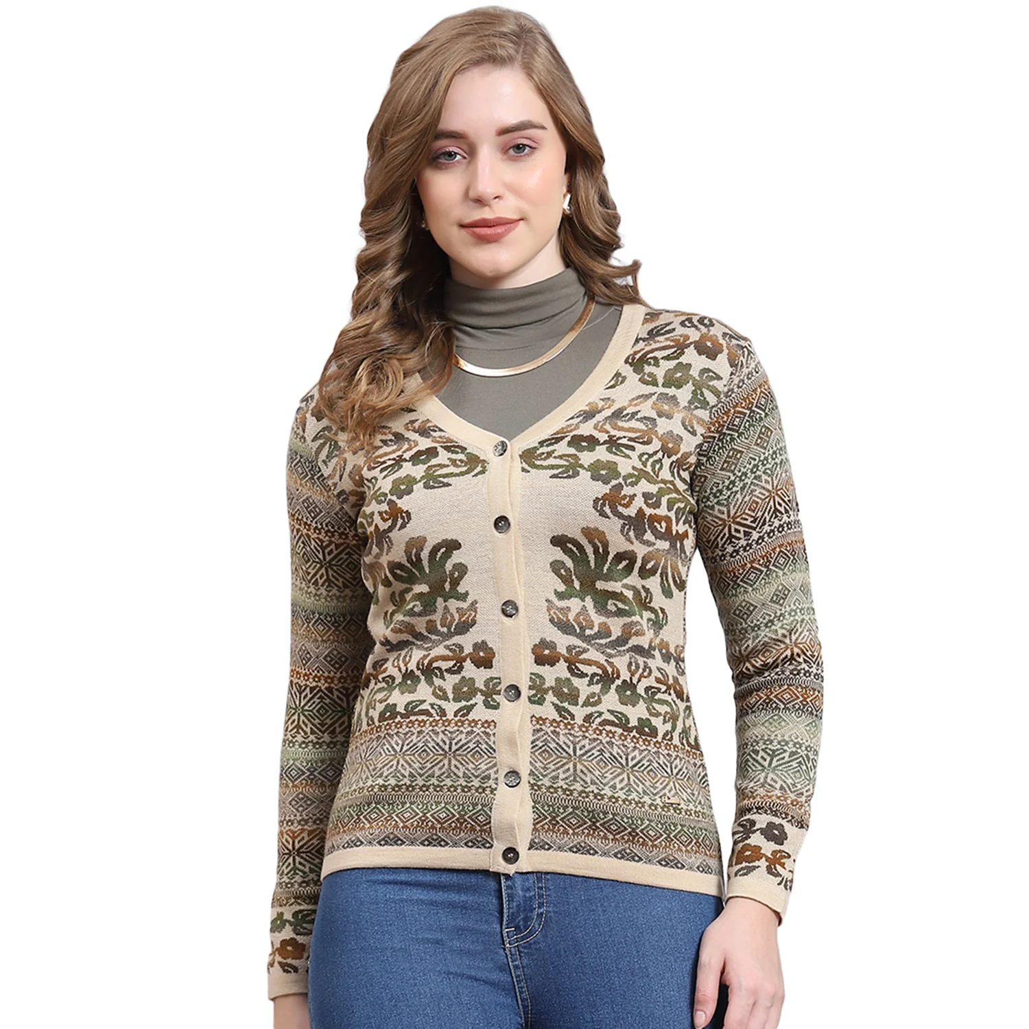 Women Beige Self Design V Neck Full Sleeve Cardigan - Image 5